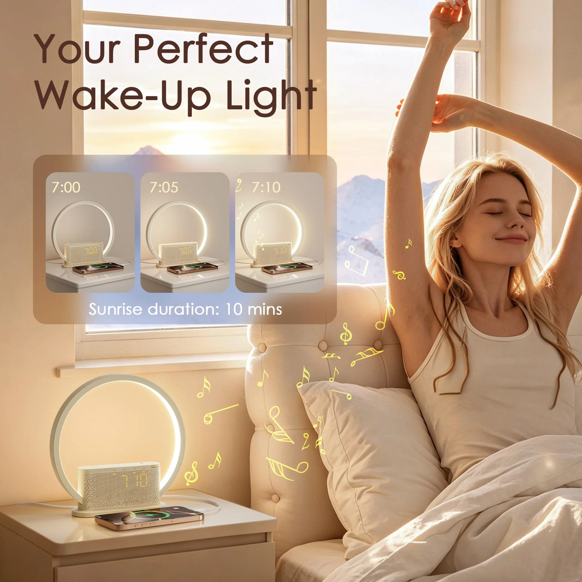 Lampe de réveil avec lumière naturelle imitant le lever du soleil, 3 niveaux de luminosité, 10 sonneries naturelles, port USB, veilleuse