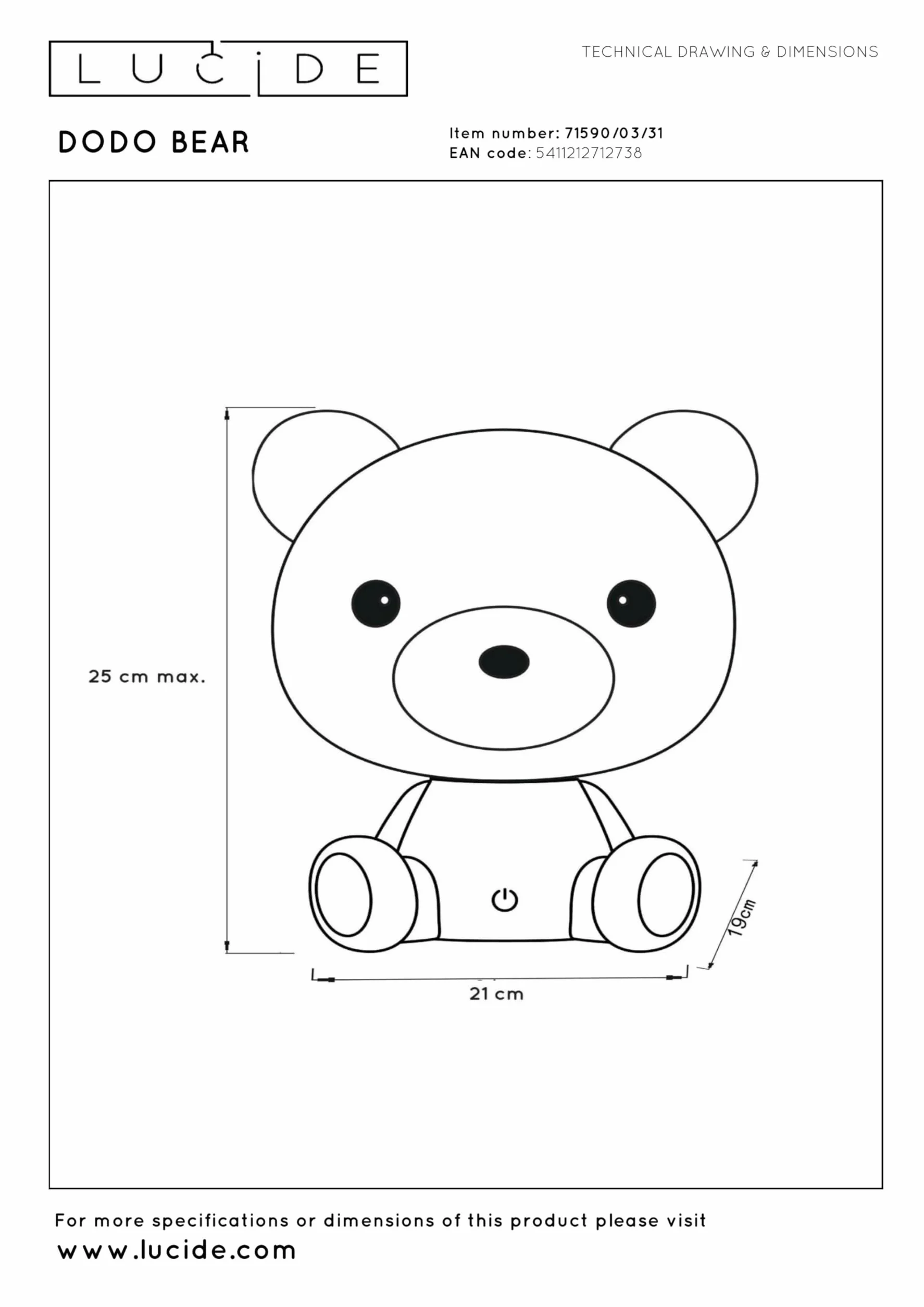 LUCIDE DODO BEAR Veilleuse LED 3 StepDim 1x3W 4000K Blanc