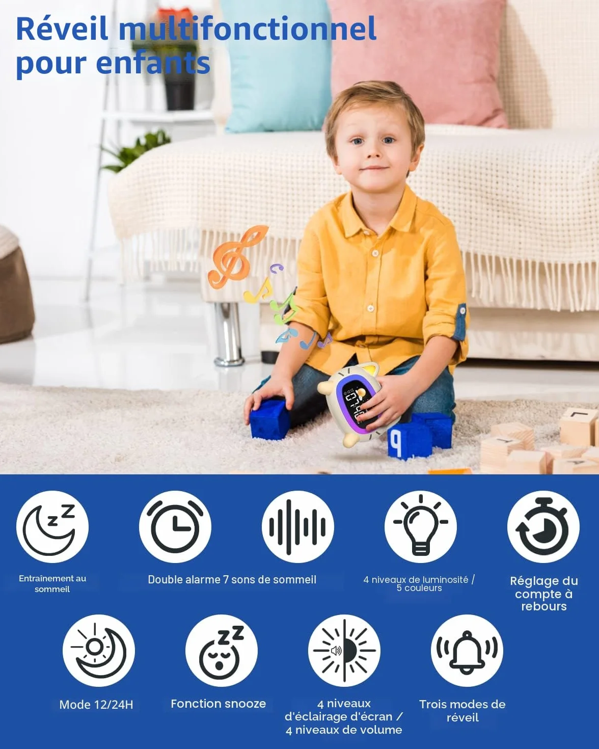 Réveils Lumineux pour Enfants avec 5 Veilleuses, 4 Niveaux de Lumière Réglables et 7 Musiques de Sommeil, Réveil Rechargeable avec Snooze