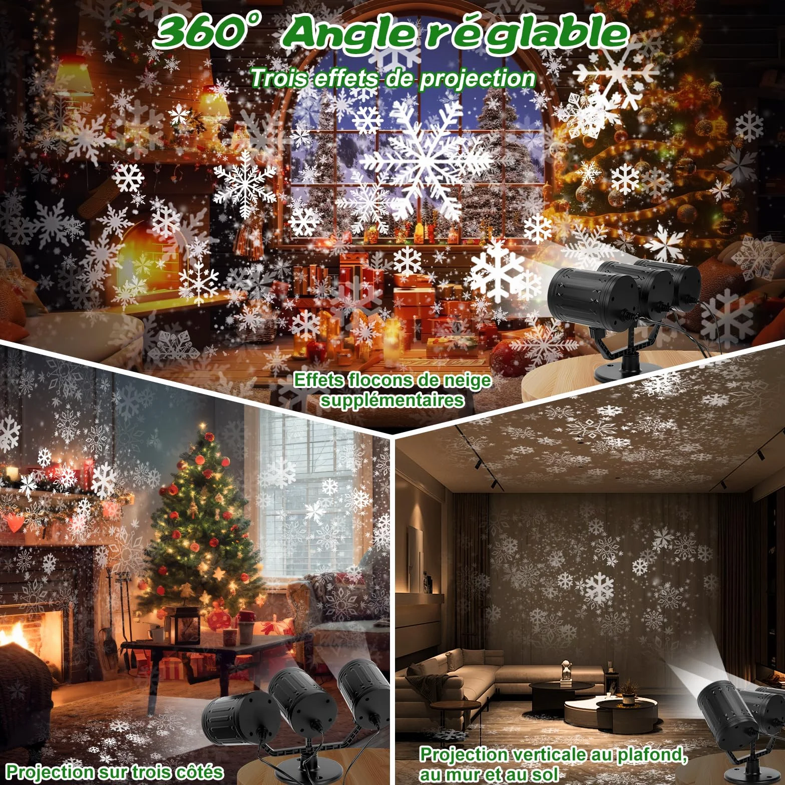 Charmofun Projecteur de Noel Exterieur 3 Têtes Flocons de Neige Dynamique IP44 Étanche Temporisé Déco Lumineuse Noël