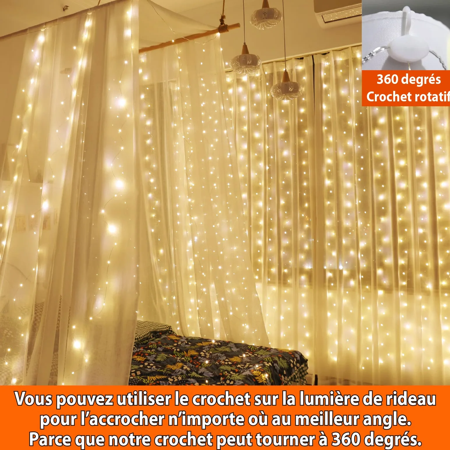 Guirlande Lumineuse Rideau Blanc Chaud 300LED 3m*3m 8 Modes USB Télécommande Minuterie