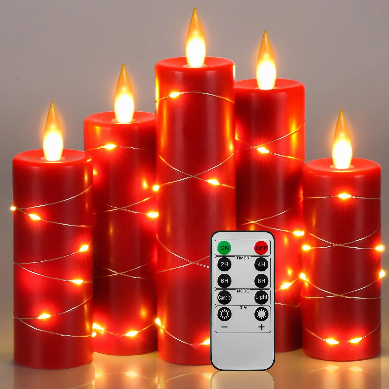 Bougies LED en Cire Rouge avec Guirlande Lumineuse, Flamme Scintillante Réaliste, Télécommande Incluse