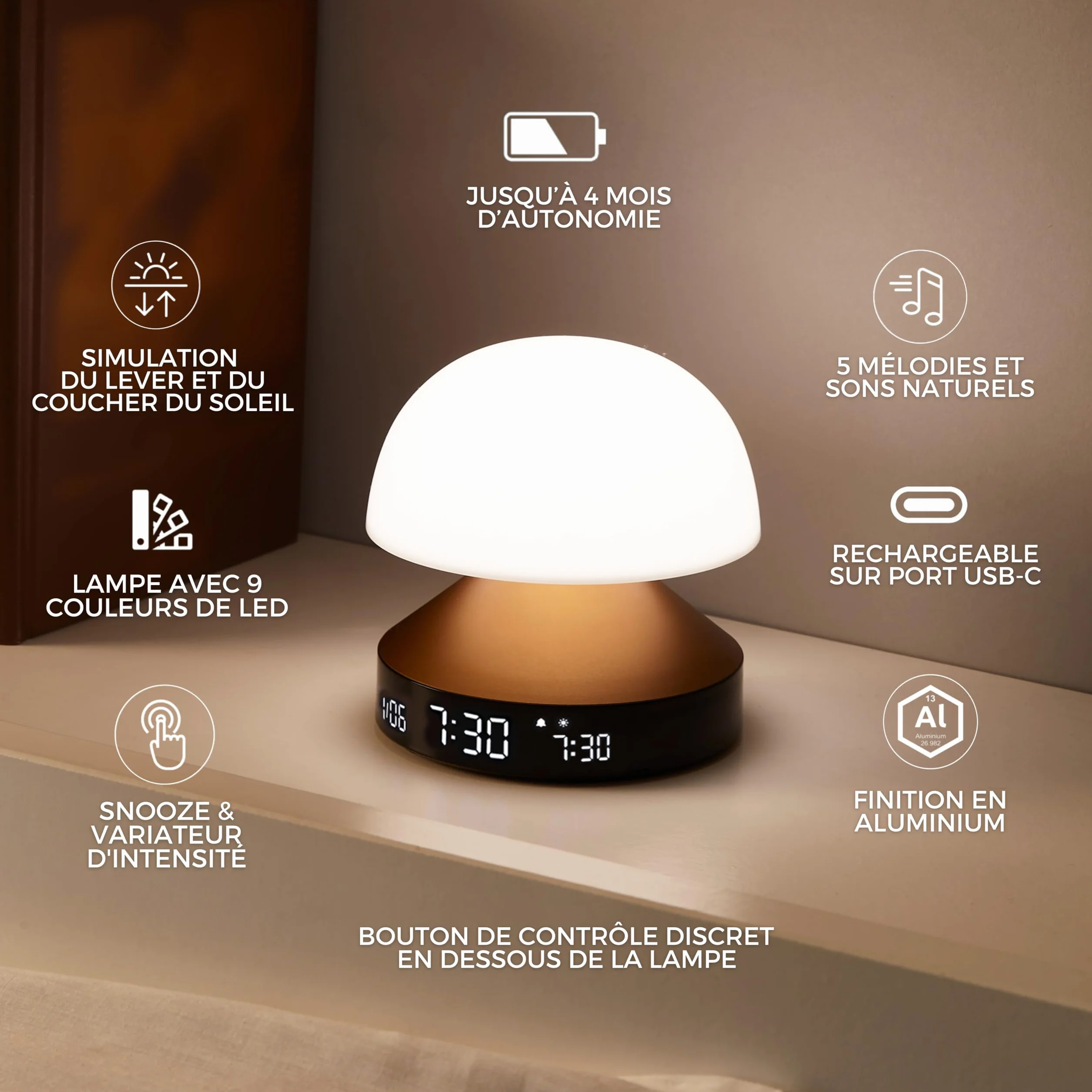 Lexon MINA Sunrise Réveil matin lumineux simulateur aube crépuscule 5 sons naturels LED veilleuse luminothérapie Or