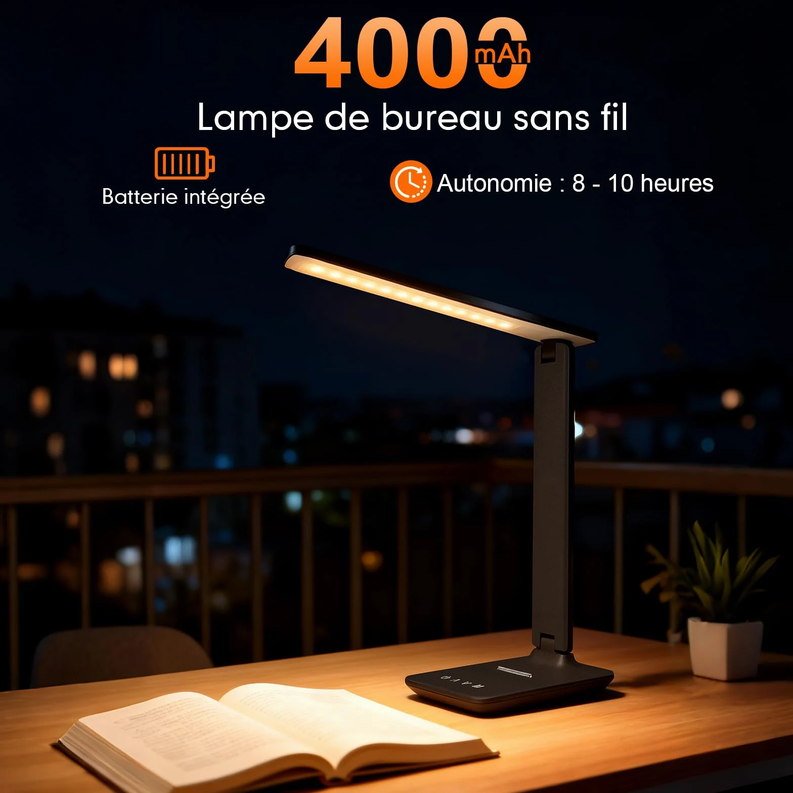 Lampe de bureau LED rechargeable 4000 mAh intensité variable 5 modes 5 niveaux de luminosité