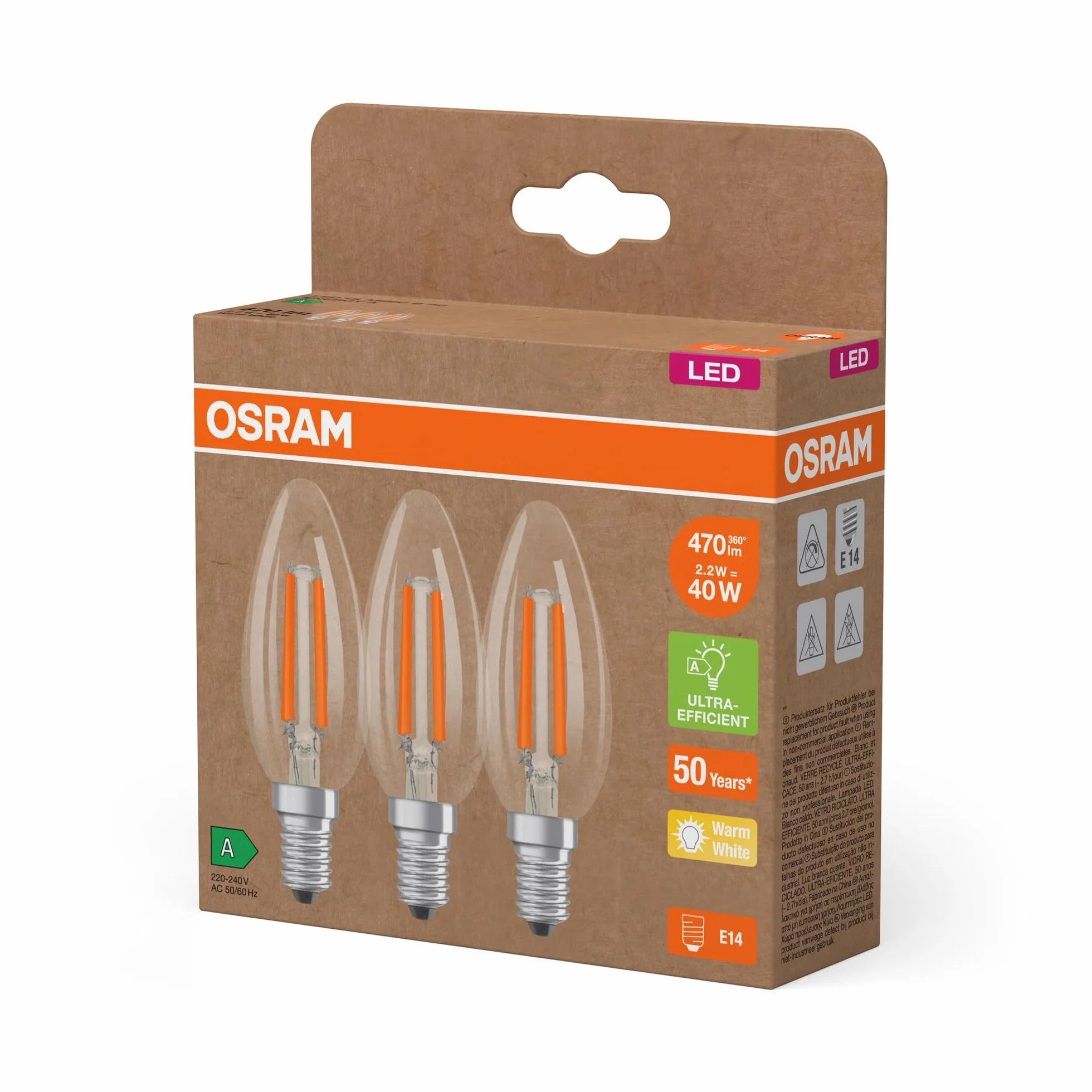 Osram Lampes LED E14 Bougie Blanc Chaud 2700K 40W Équivalent Pack de 3