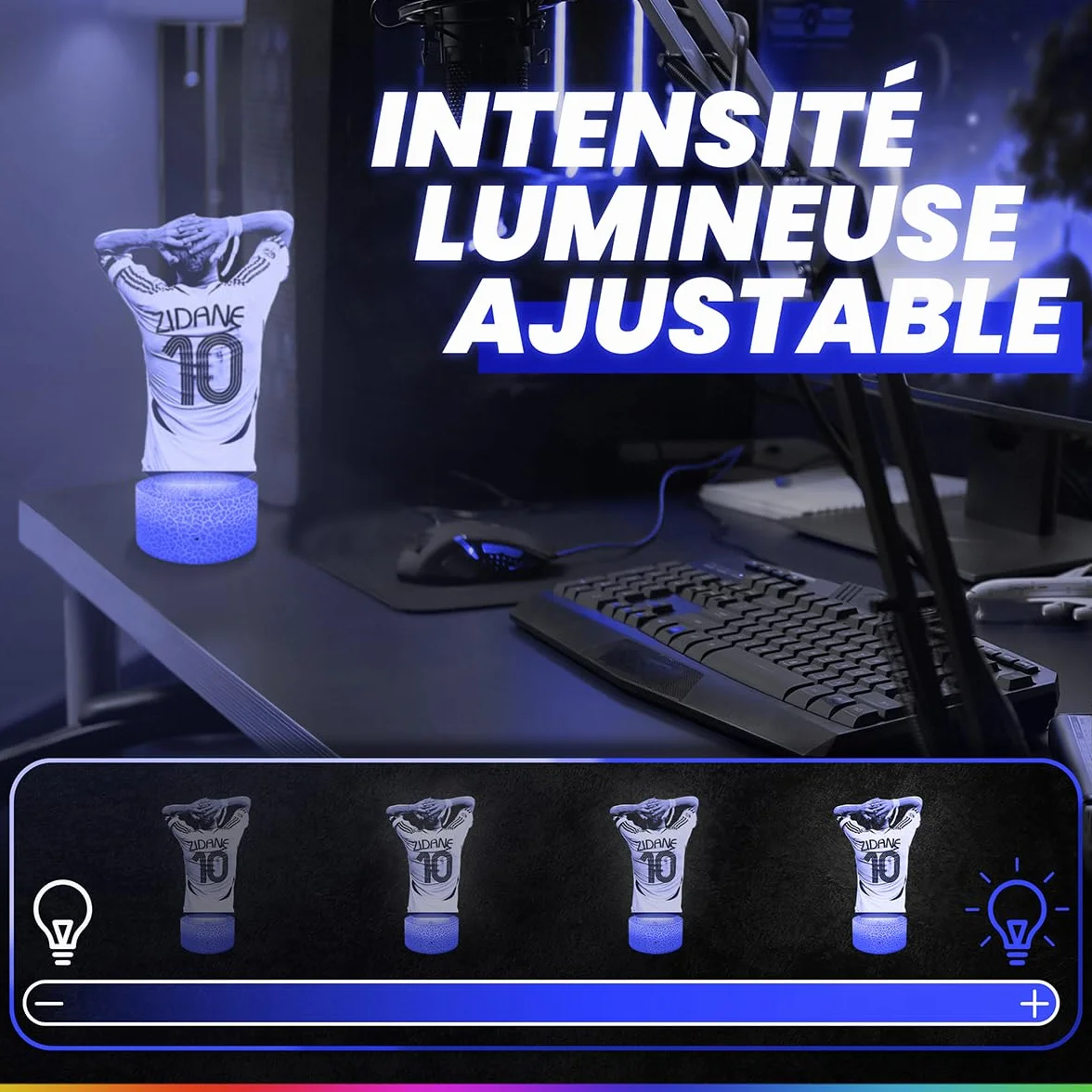 Lampe 3D France 1998 Zinedine Zidane Joueur de Foot Veilleuse Tactile LED Illusion Effet Hologramme 3D Cadeau