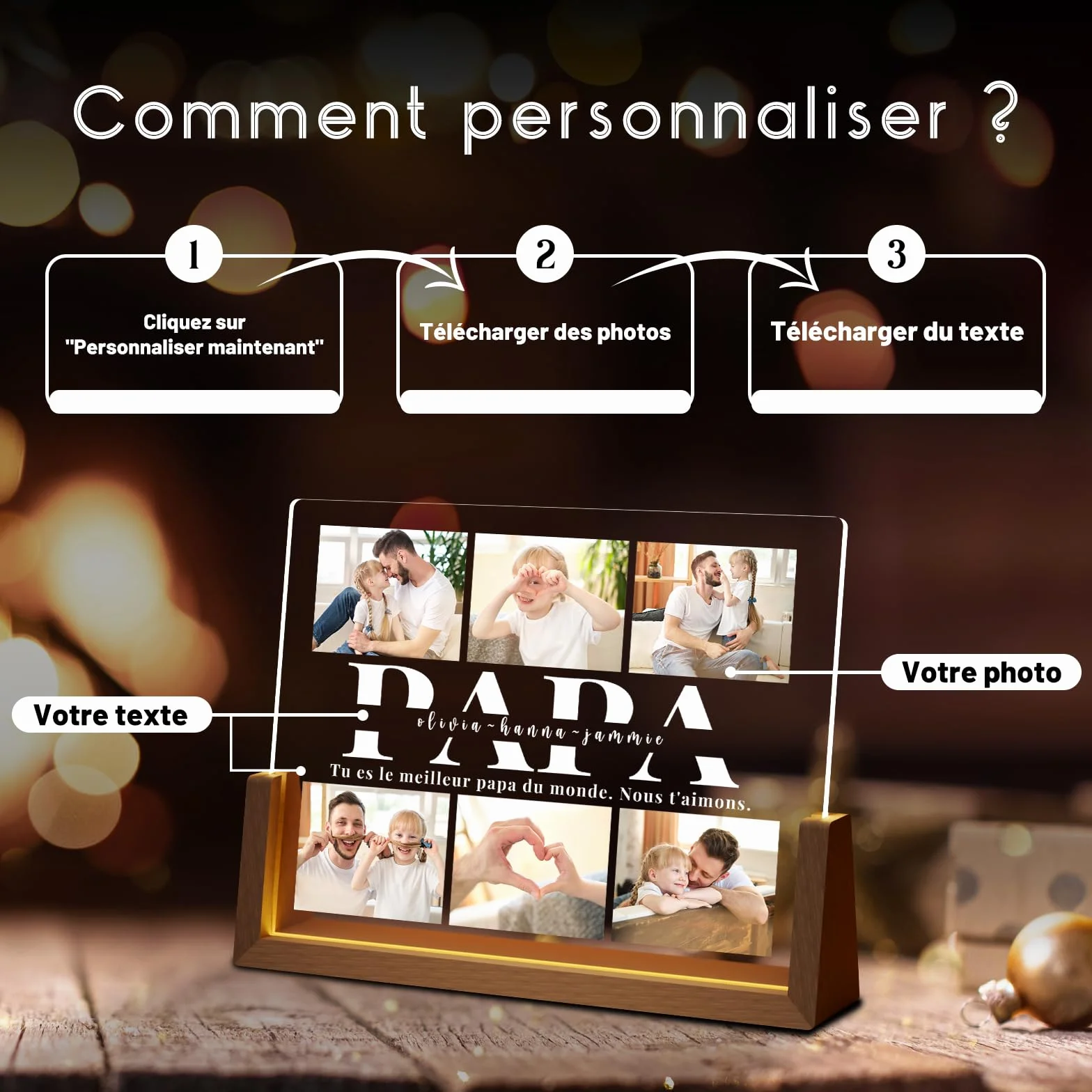 LUCKOR Cadre Photo Personnalisé Fête des Pères - Lampe Papa avec Photo Bébé
