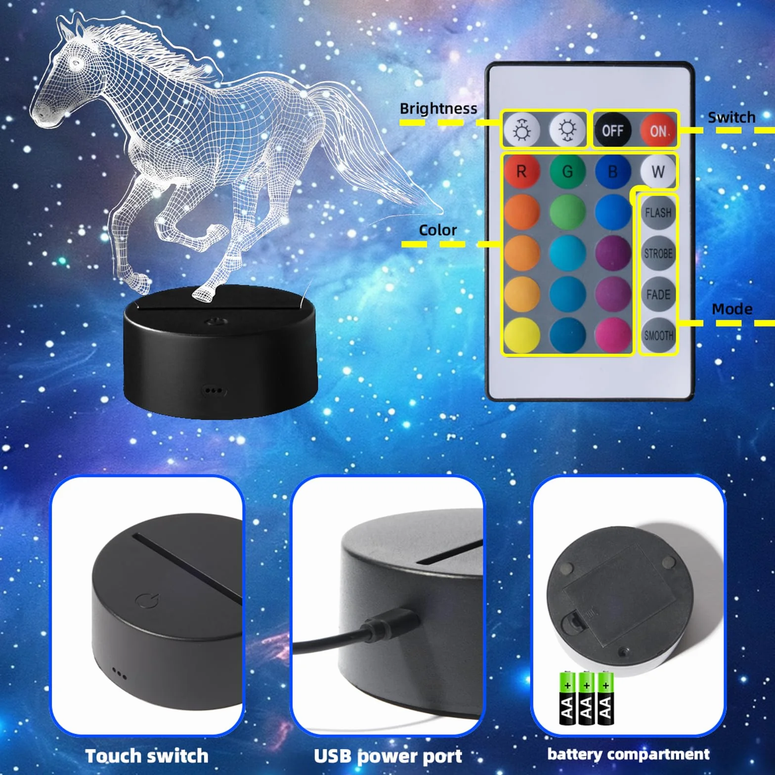 3D Lampe Cheval Veilleuse Enfant 16 Couleurs USB Batterie Interrupteur Effleurement Cadeau
