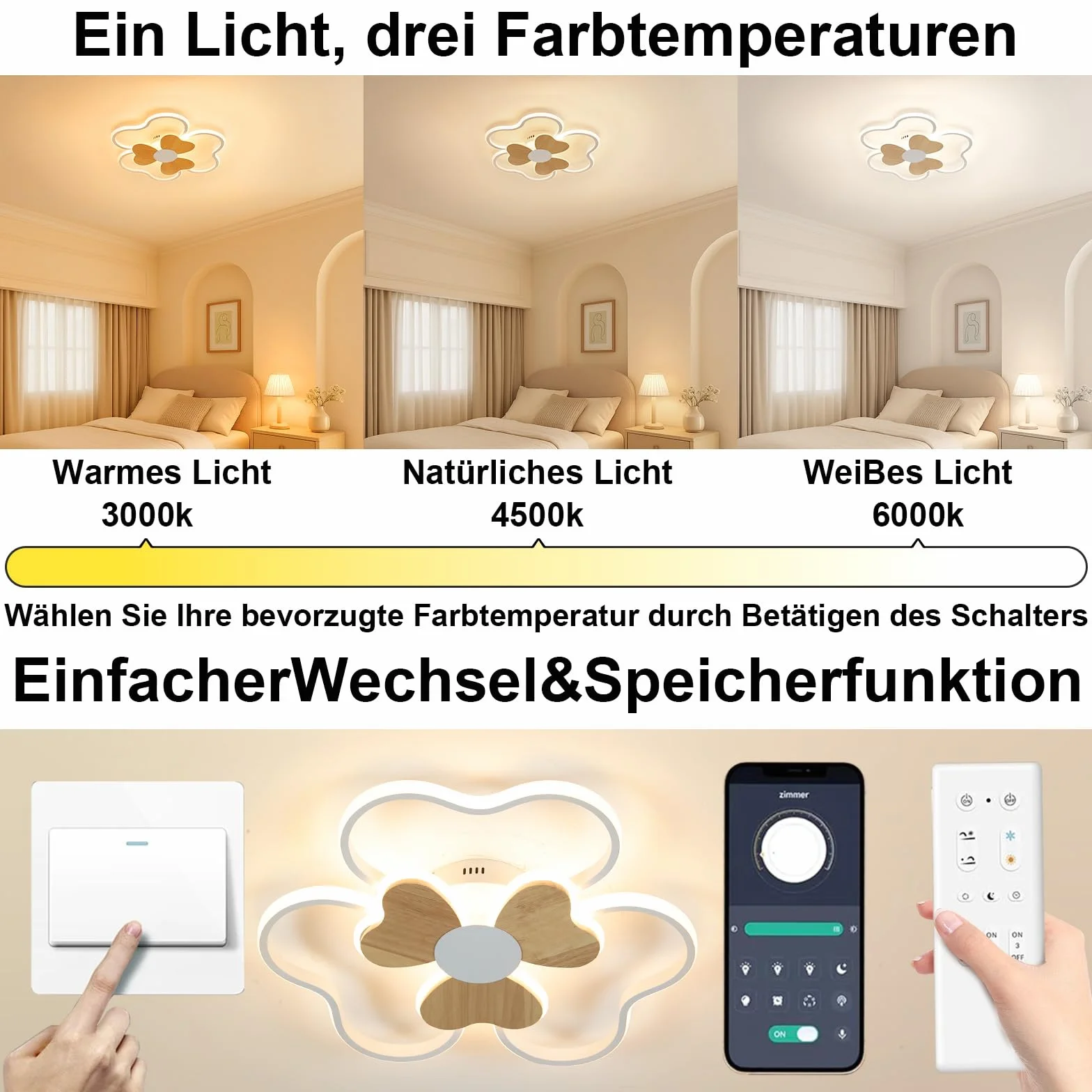 Plafonnier LED 48W 50cm Forme Fleur Bois Dimmable avec Télécommande 3000K-6000K