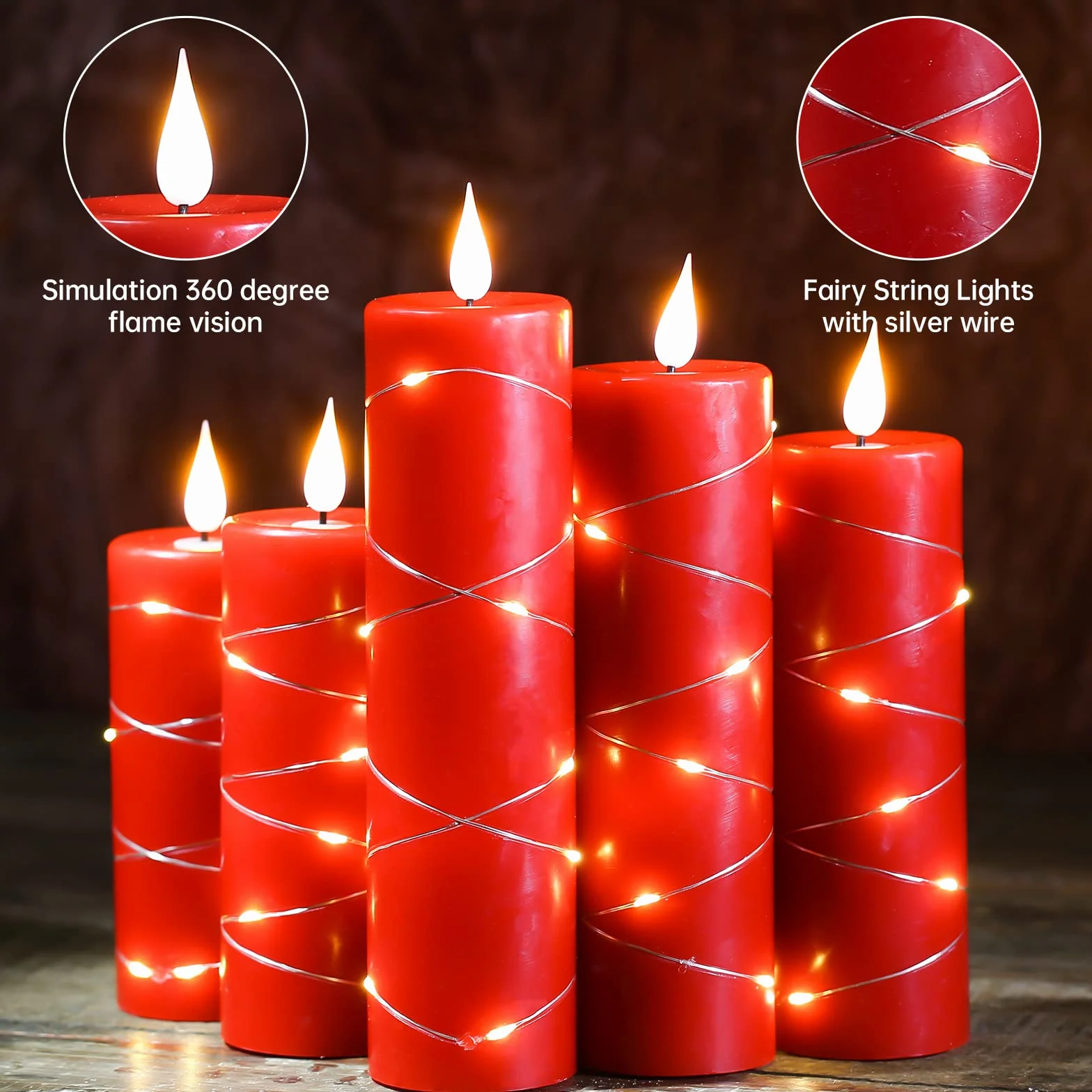 Bougies LED en Cire Rouge avec Guirlande Lumineuse, Flamme Scintillante Réaliste, Télécommande Incluse