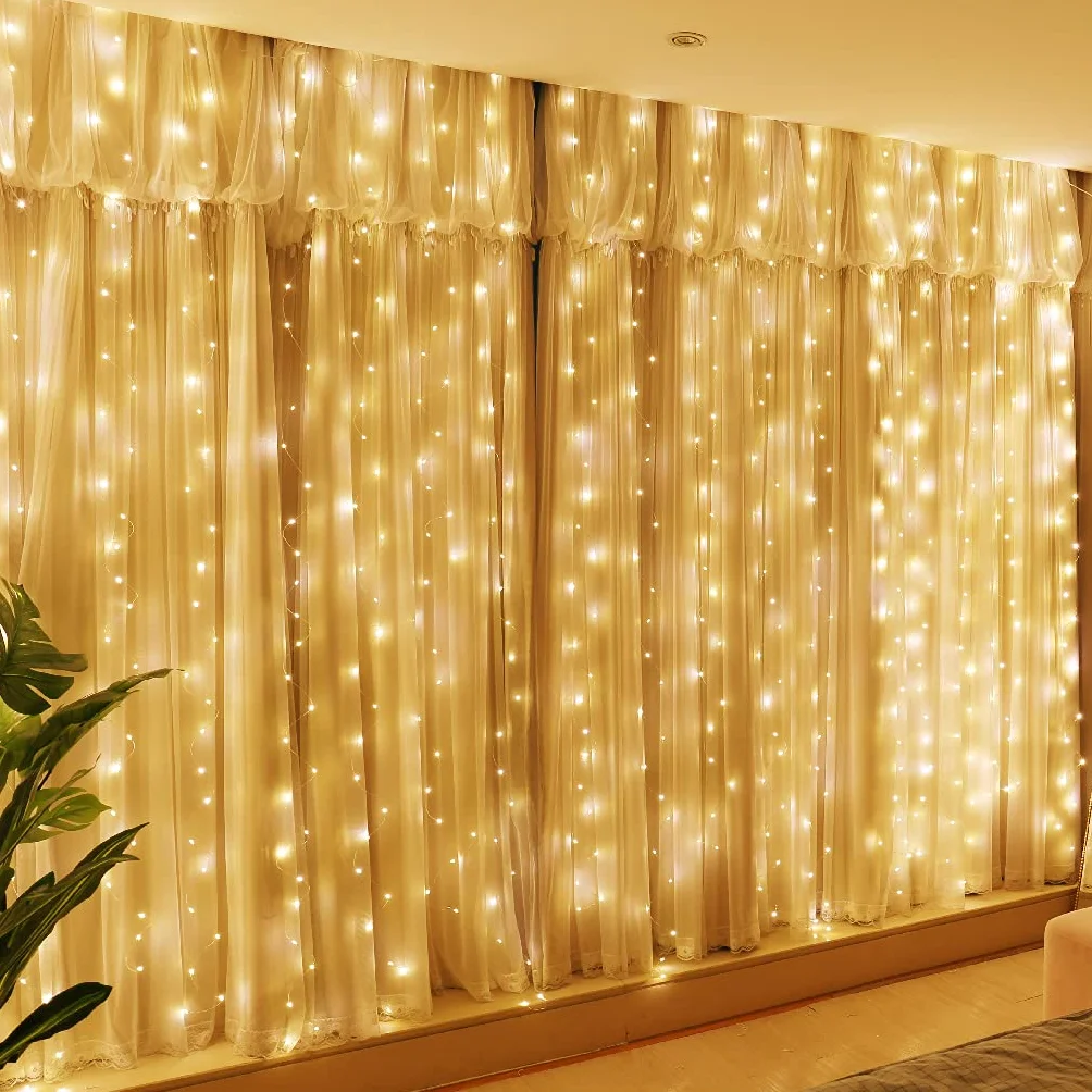 Guirlande Lumineuse Rideau Blanc Chaud 300LED 3m*3m 8 Modes USB Télécommande Minuterie