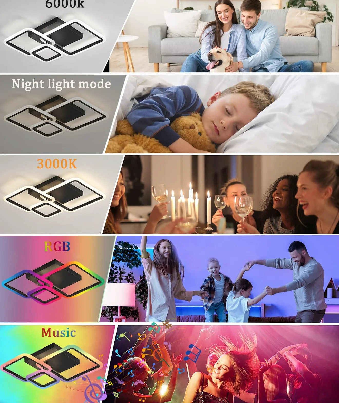 Plafonnier LED RGB 84W avec Haut-parleur Bluetooth Dimmable Lampe de Plafond Carré Moderne