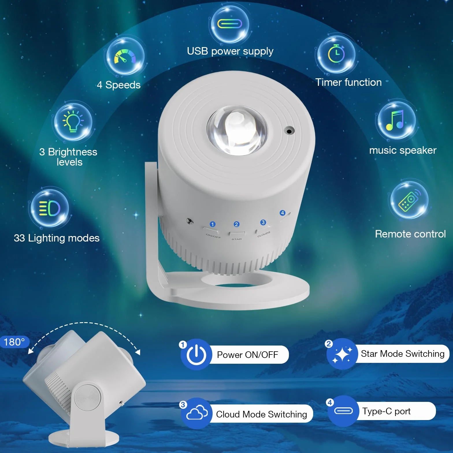 Projecteur Ciel Étoilé Veilleuse Enfant Télécommandé 33 Modes Angle Réglable Minuterie Projection Plafond