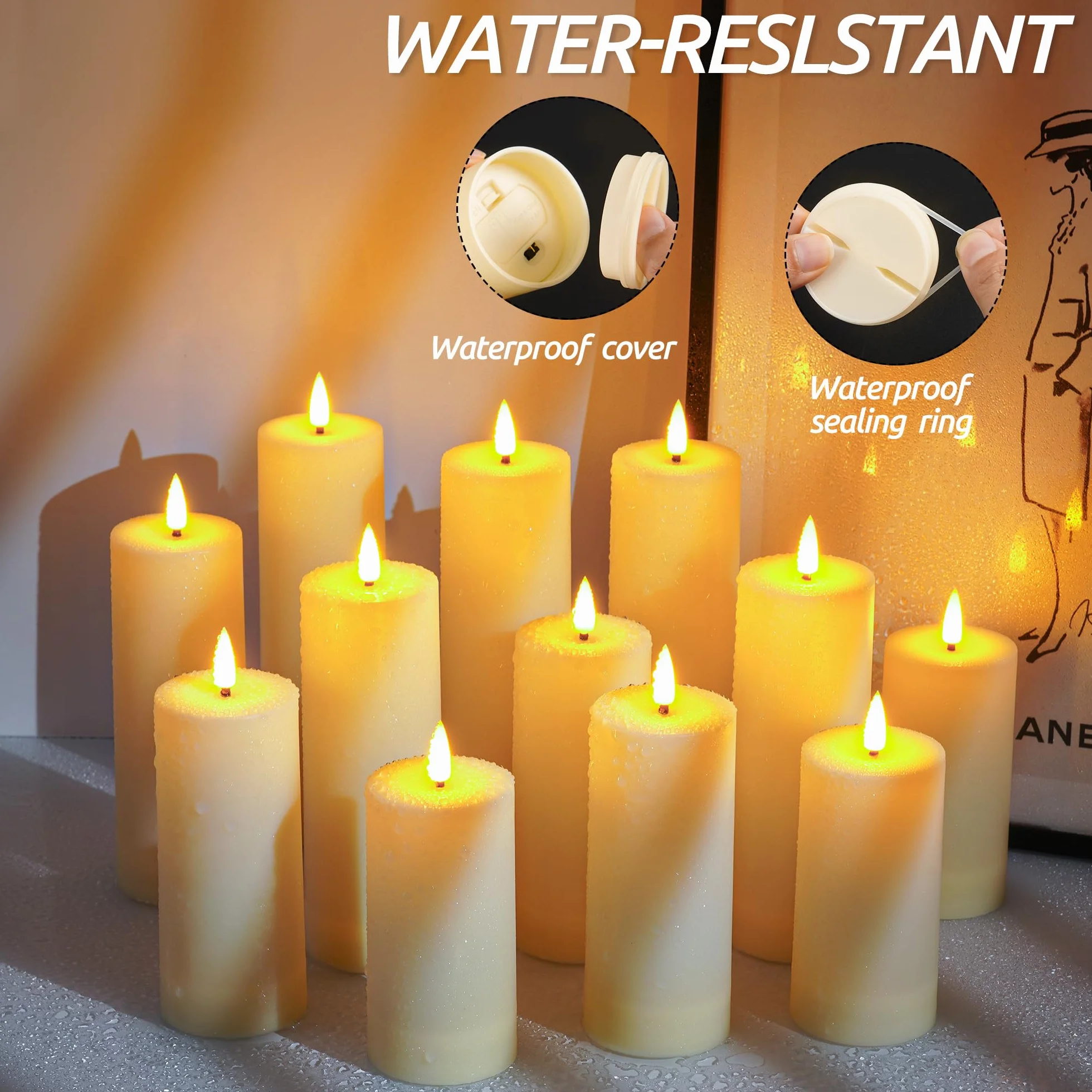 Bougies LED Étanches à Flamme Scintillante, Méche Noire Réaliste, Télécommande, Plastique Résistant, Réutilisable