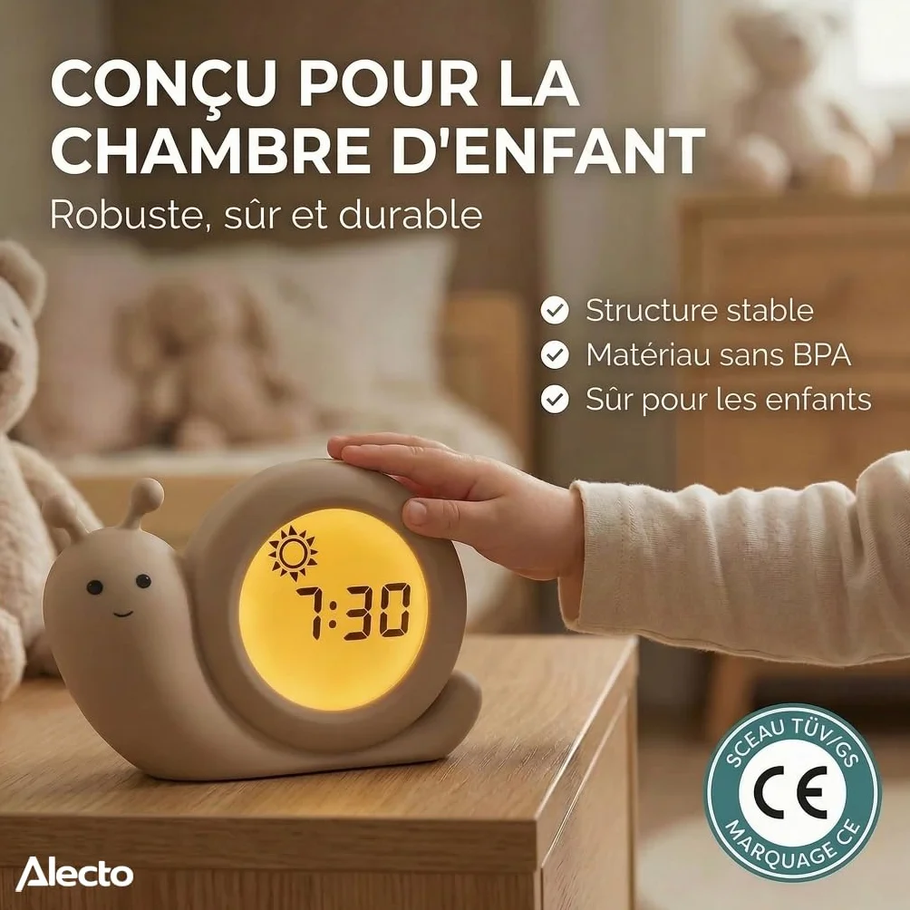 Alecto BC110BE Simon Réveil Enfant Éducatif Jour/Nuit Veilleuse Escargot