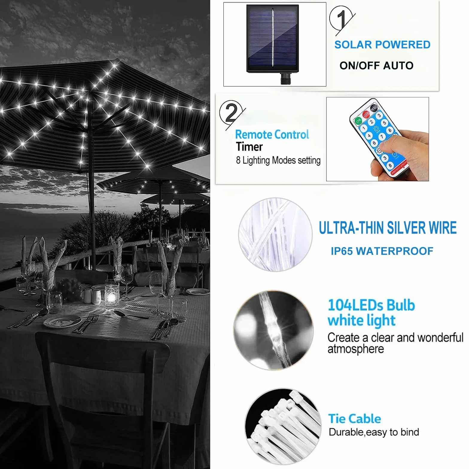 KINGCOO Éclairage à DEL pour parasol de terrasse, solaire étanche 104, 8 modes avec télécommande