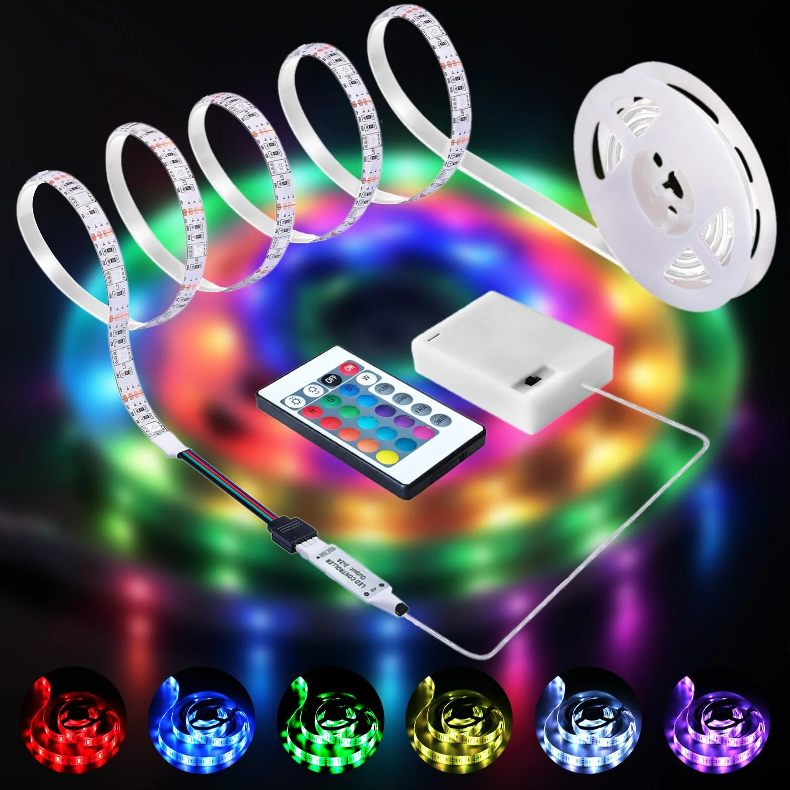 Bande LED à Piles 2M Ruban Lumineux Auto Adhésif Télécommande 24 Touches Dimmable