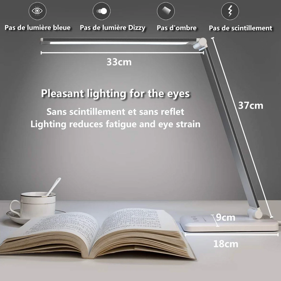 SLATOR Lampe de Bureau LED, Dimmable, 5 Modes de Couleur, 10 Niveaux de Luminosité, Contrôle Tactile, Protection des Yeux, Port USB, Minuterie