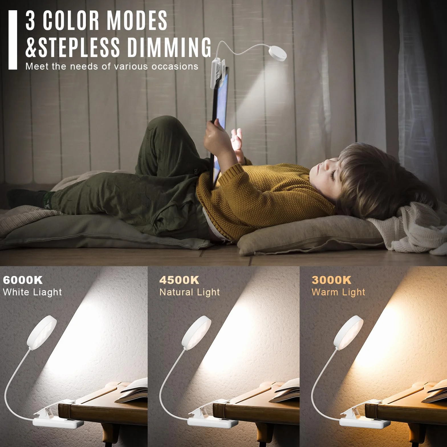 Lampe de Lecture 31 LED, Liseuse Lampe Clip Rechargeable, Protection des Yeux, 3 Températures de Couleur, Gradation Continue, Angle Flexible 360°