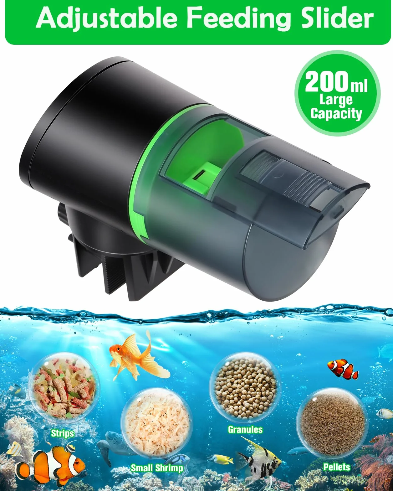 Aquarium Distributeur Automatique Poisson Nourrisseur Rechargeable Minuterie USB 200ml Vert