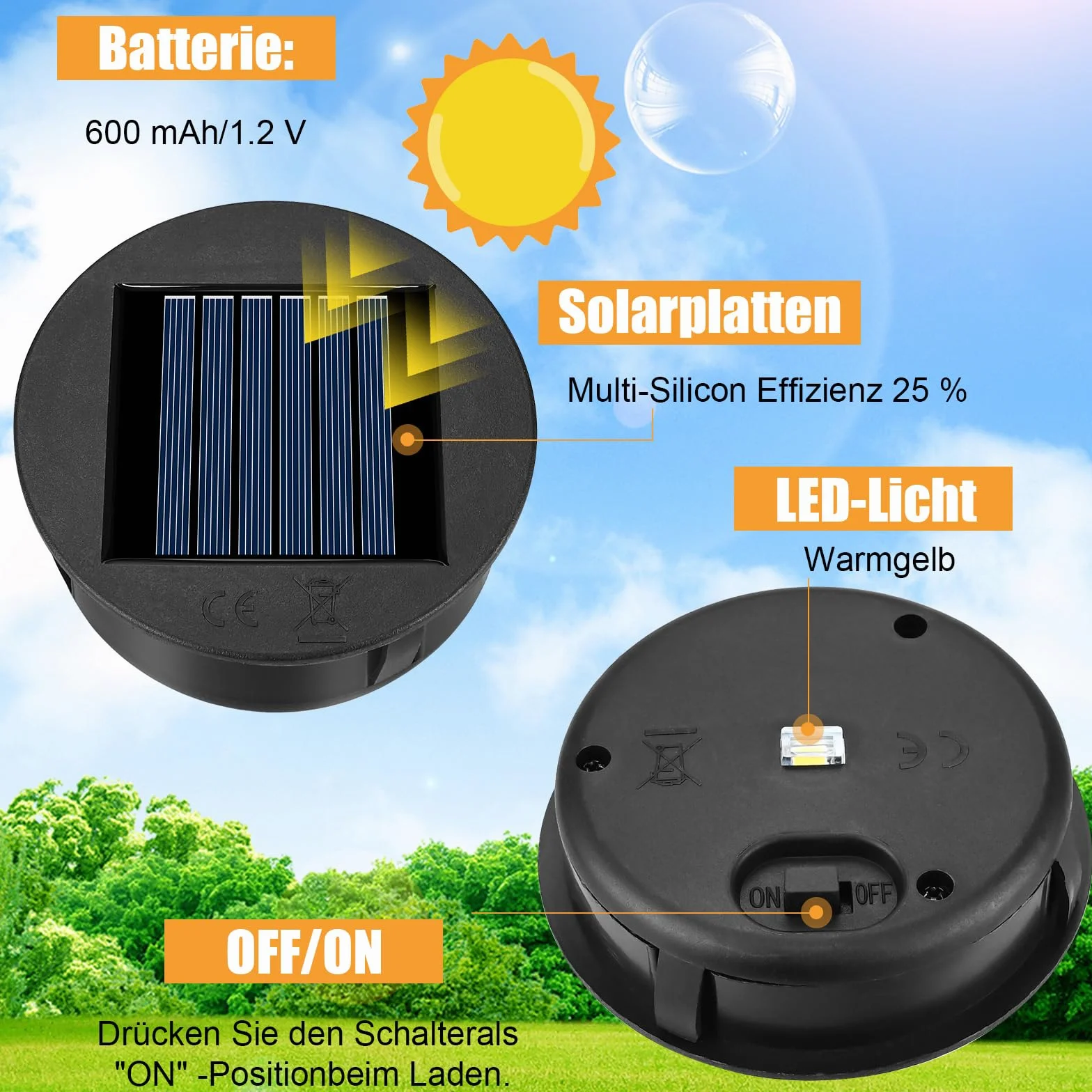 Couvercle de rechange solaire 8 cm IP55 600 mAh 6 pièces LED Warm White pour lampes solaires extérieur