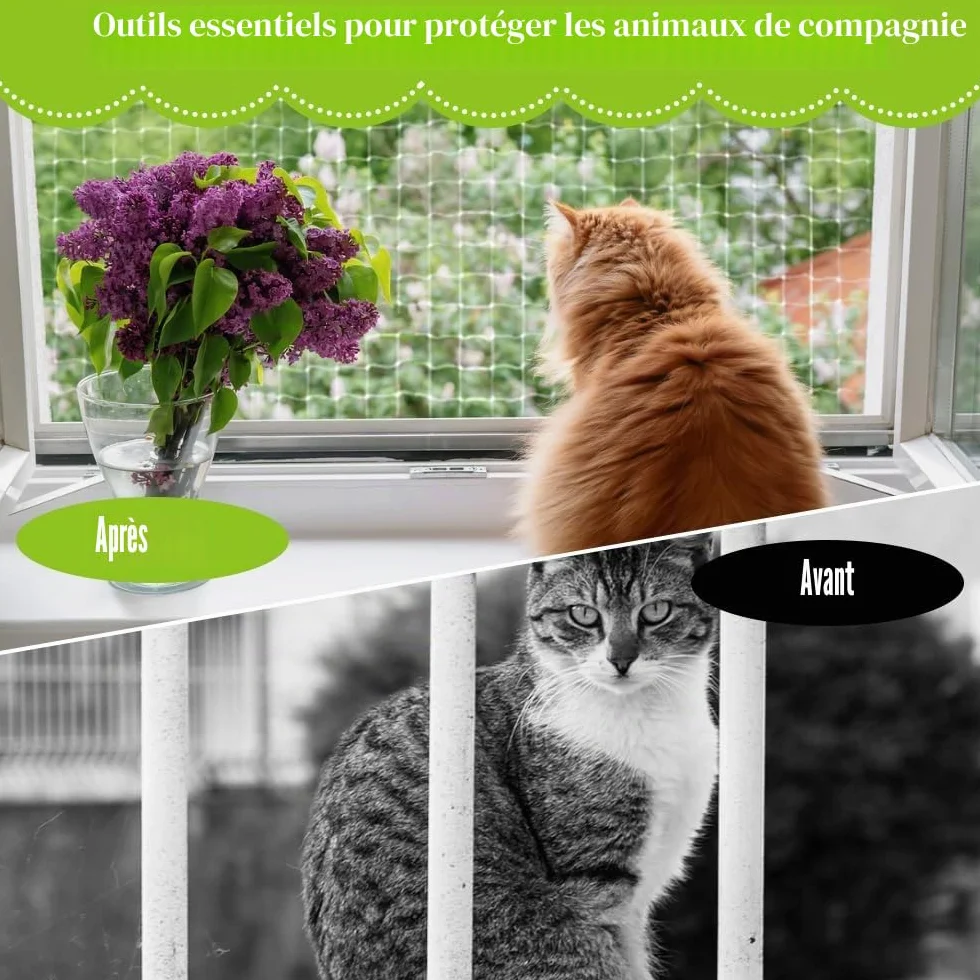 Filet de protection pour chat transparent 6 x 3 m nylon maille 2,5 cm résistant UV intempéries sécurité balcon