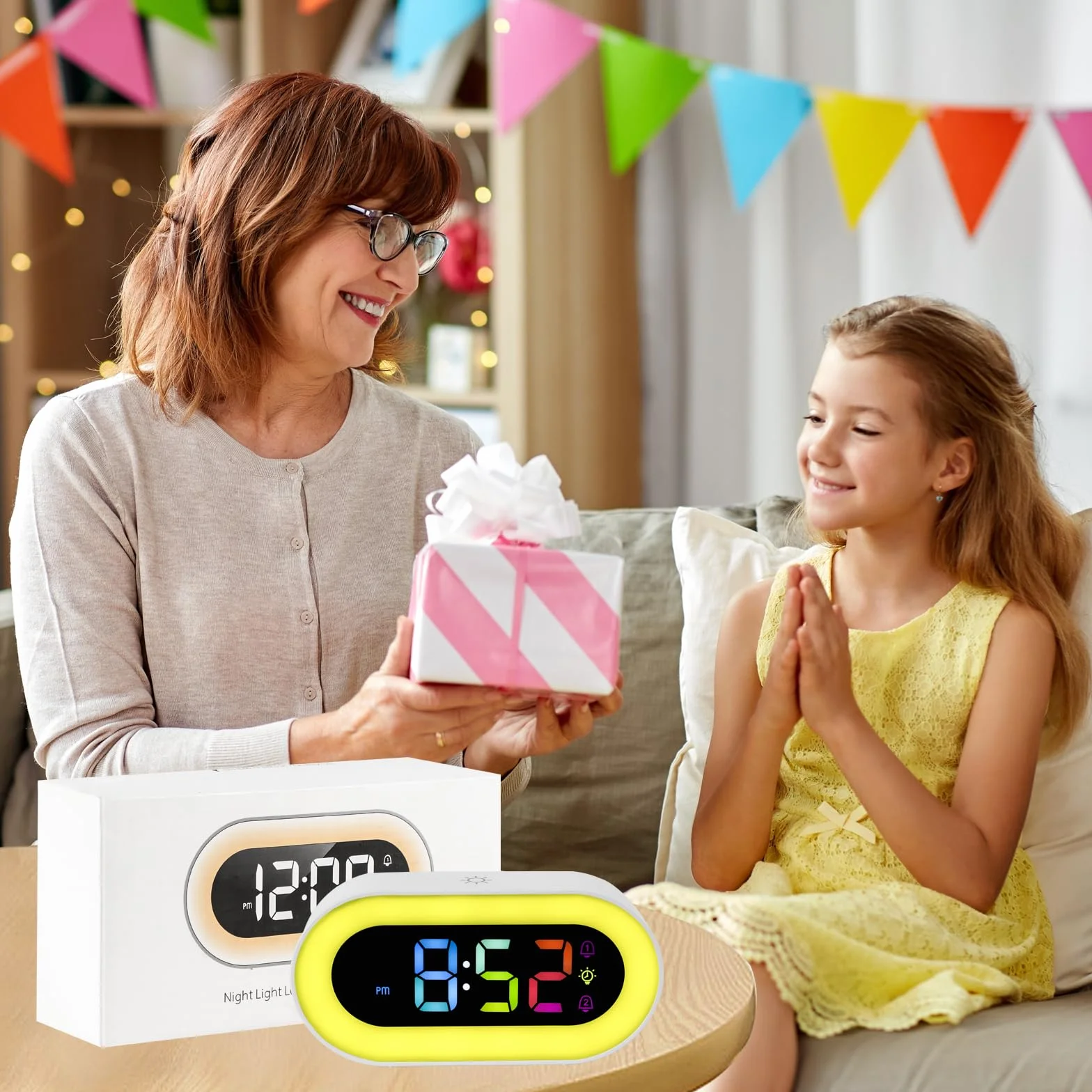 Réveil Lumineux pour Enfants Double Alarme 18 Sonneries Mode Sieste 12/24H 5 Niveaux Volume Veilleuse 9 Couleurs