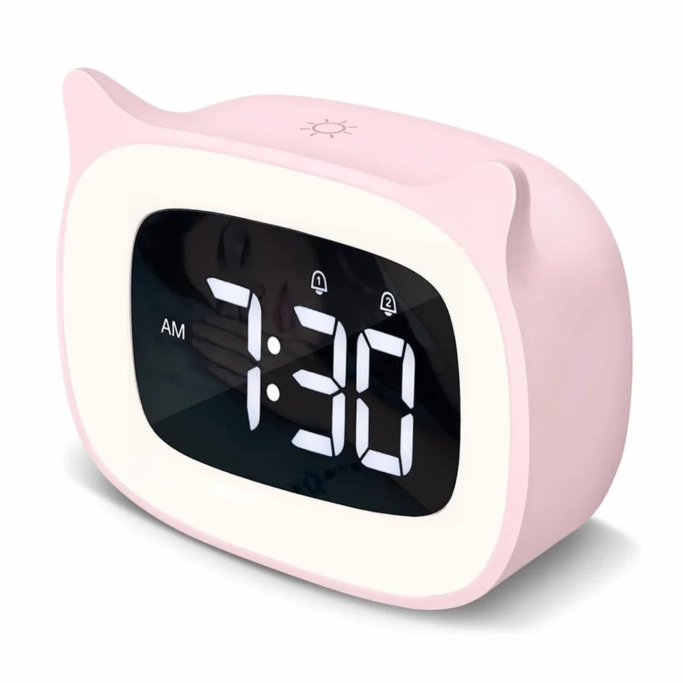 Réveil Enfant Éducatif LED Veilleuse Pendule Chambre Kid 5 Couleurs 18 Musiques Cadeau Anniversaire Fille Garçon Rose