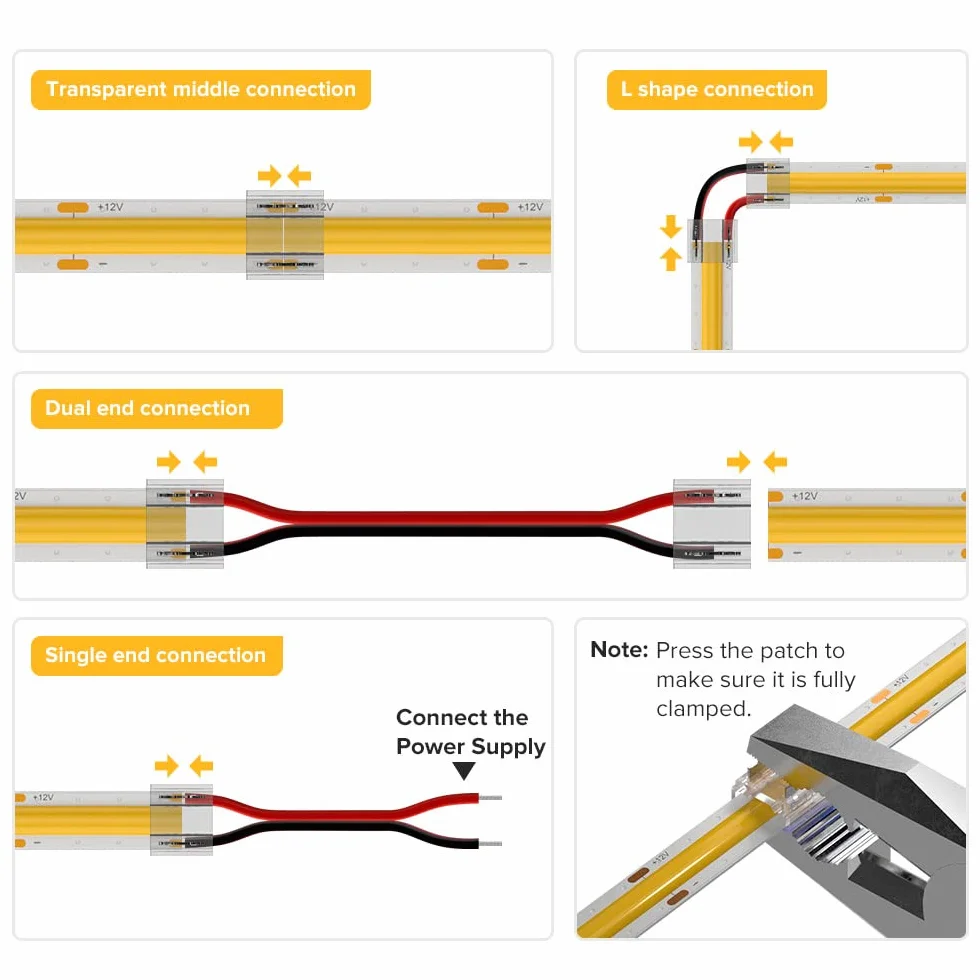BTF-LIGHTING Kit connecteurs FCOB COB 8mm 14pcs transparent 5pcs 15cm 20AWG fils extension sans soudure bande connexion angle