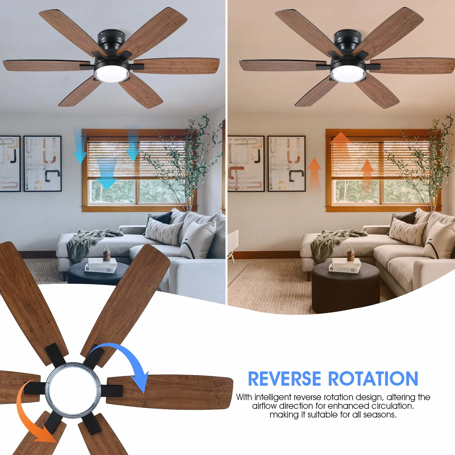 Ventilateur de plafond 132 cm avec lumière, télécommande et APP, 6 pales réversibles, couleur dimmable, marron