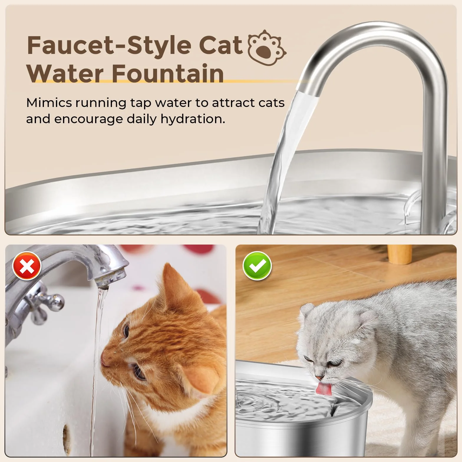 Fontaine à Eau pour Chat 2,2L Acier Inoxydable avec Fenêtre de Niveau d'Eau, 4 Filtres Inclus, Design Anti-éclaboussures