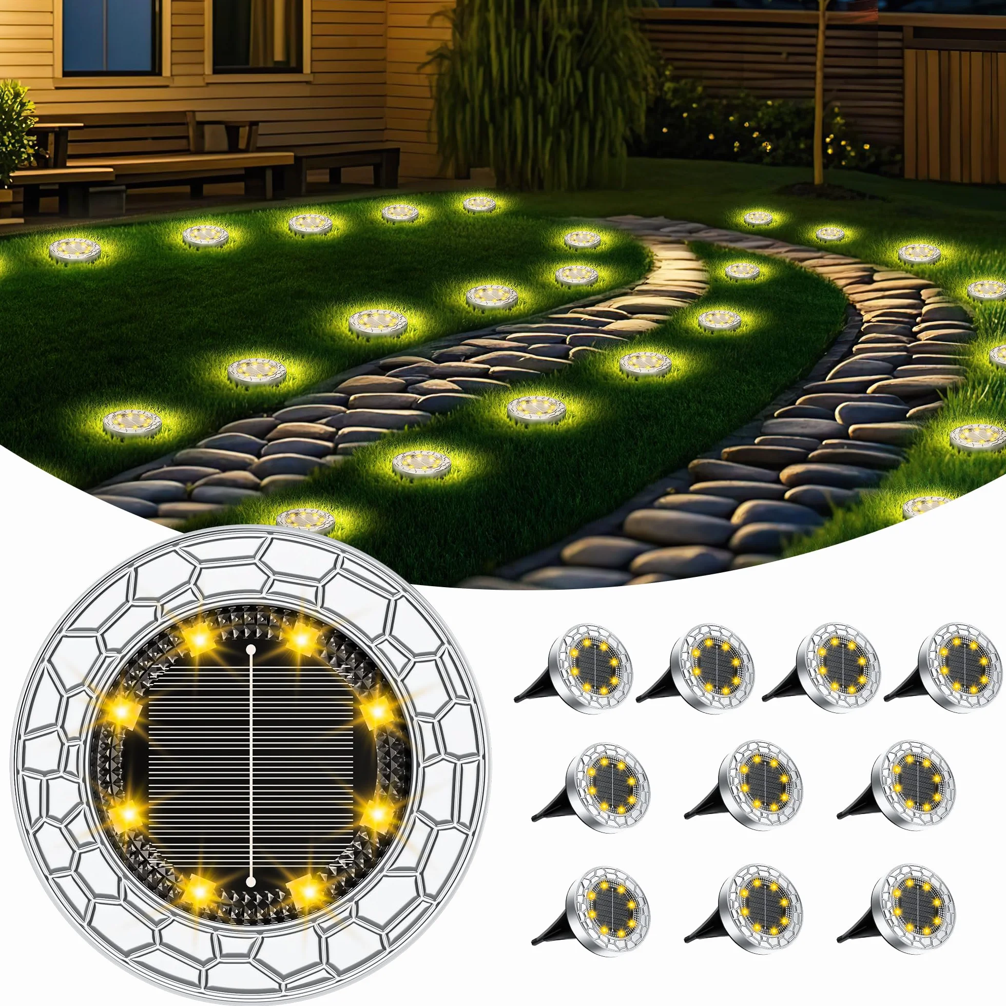 FIFlying Lampe Solaire Exterieur 10 Pièce LED Blanc Chaud, Acier Inoxydable, pour Jardin, Allée, Trottoir