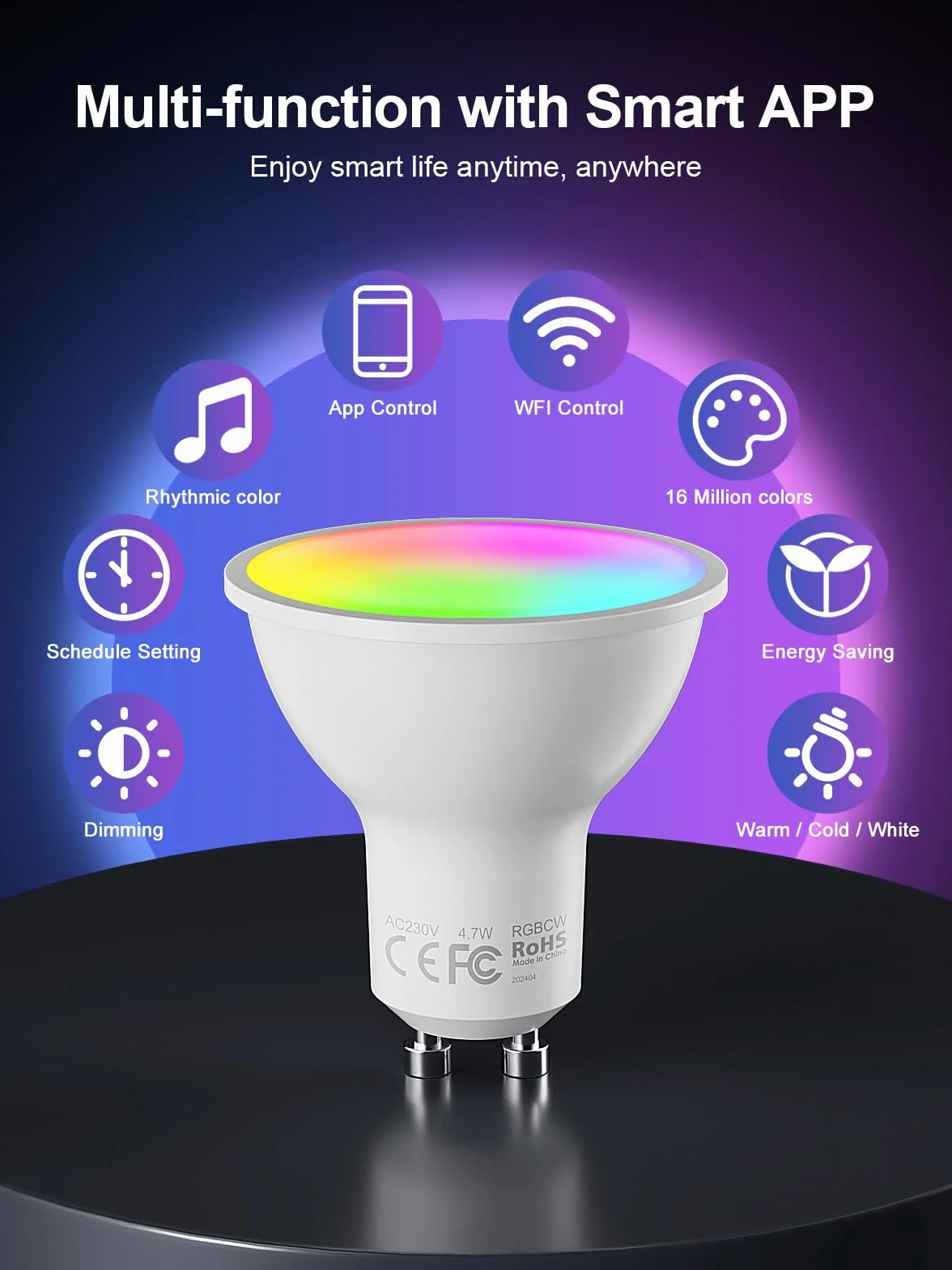 Fitop Ampoule Connectée WiFi GU10 RGBCW LED Smart 4.7W Dimmable 2700-6500K 5 pièces