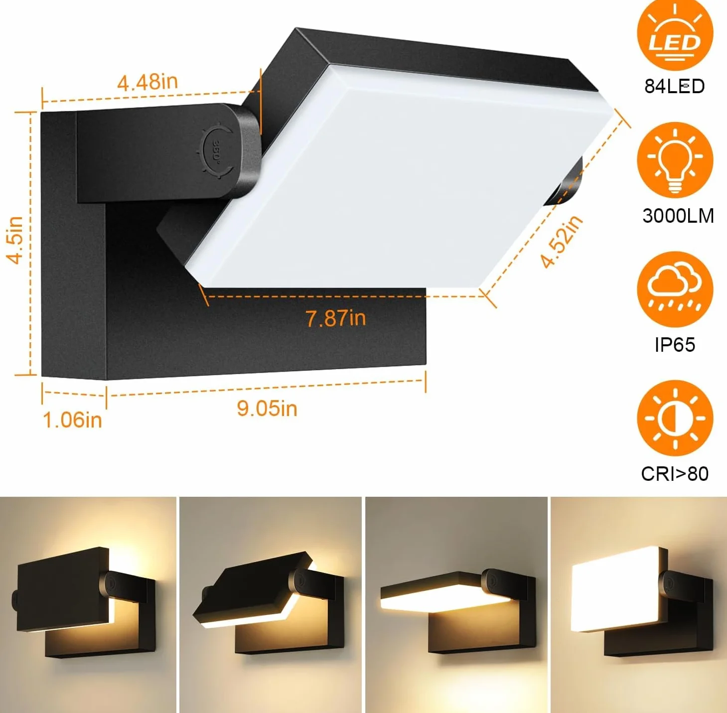 Kingwen 40W Applique Murale Exterieur Rotatif 3000K, Applique Led Exterieur Noir Angle Réglable 360°, IP65 Imperméable