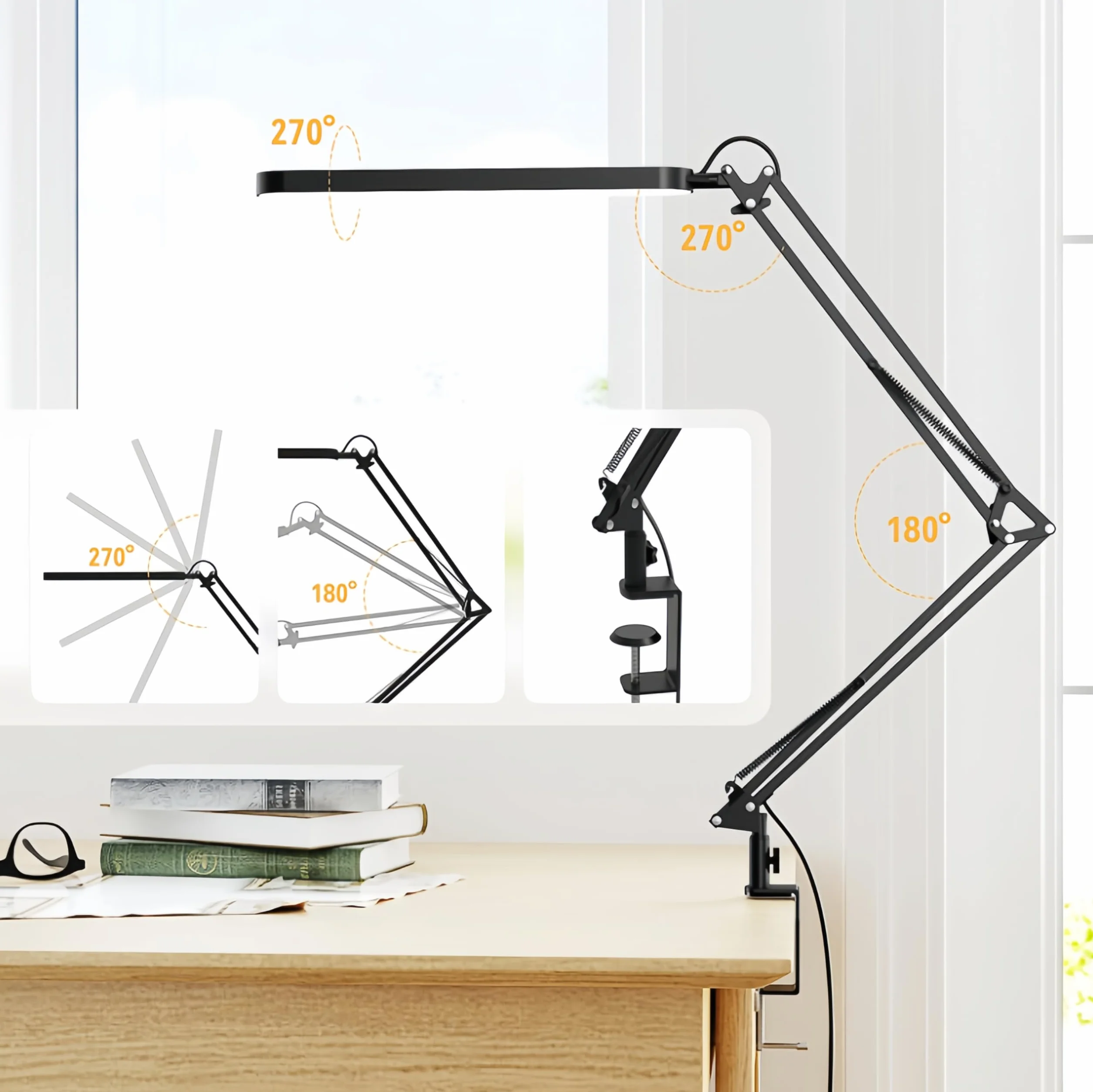 SKYLEO Lampe de Bureau LED 1300LM 5 Modes de Couleur 11 Niveaux de Luminosité Bras Pivotant Réglable 12W Noir
