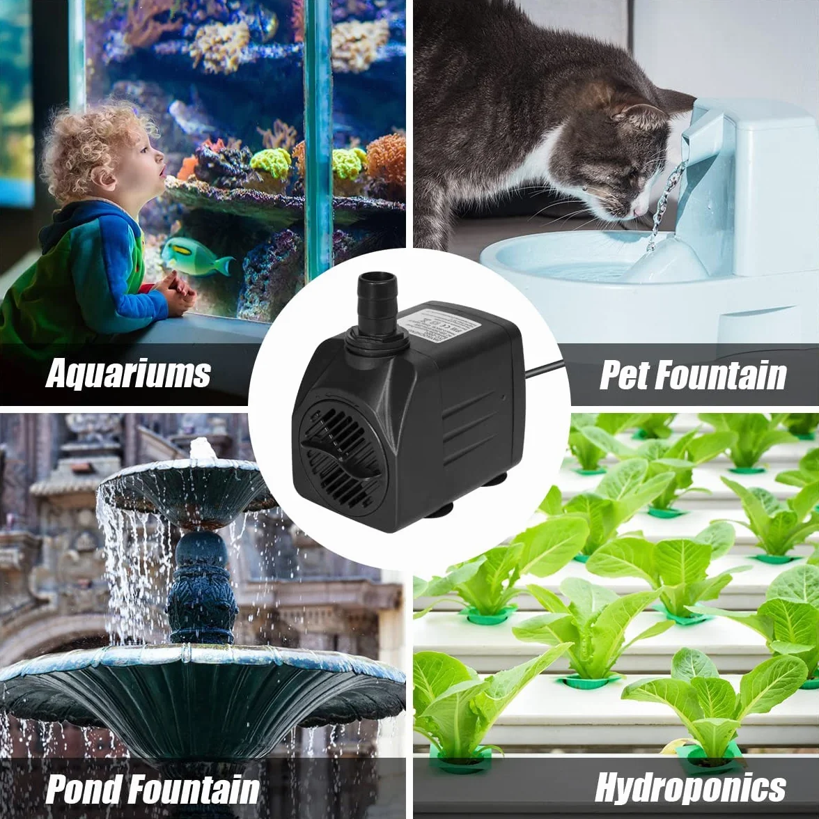 Pompe Eau Submersible 10W 600L/H Ultra-Silencieux Aquarium avec 4 Pieds de Ventouses 2 Buses