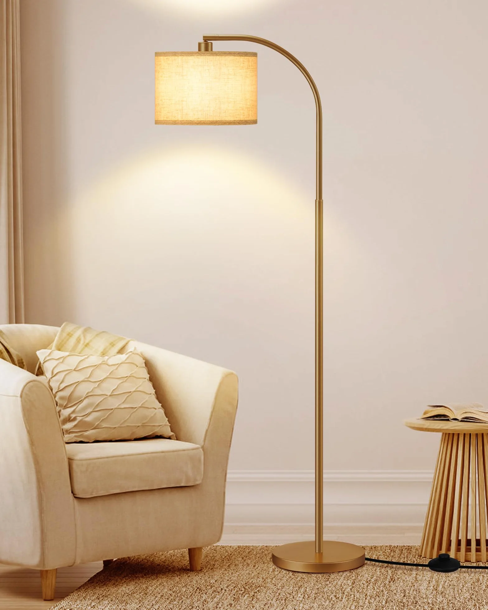 Lampadaire Doré Salon 161 cm avec Abat-Jour Lin Beige, Ampoule E27 Incluse