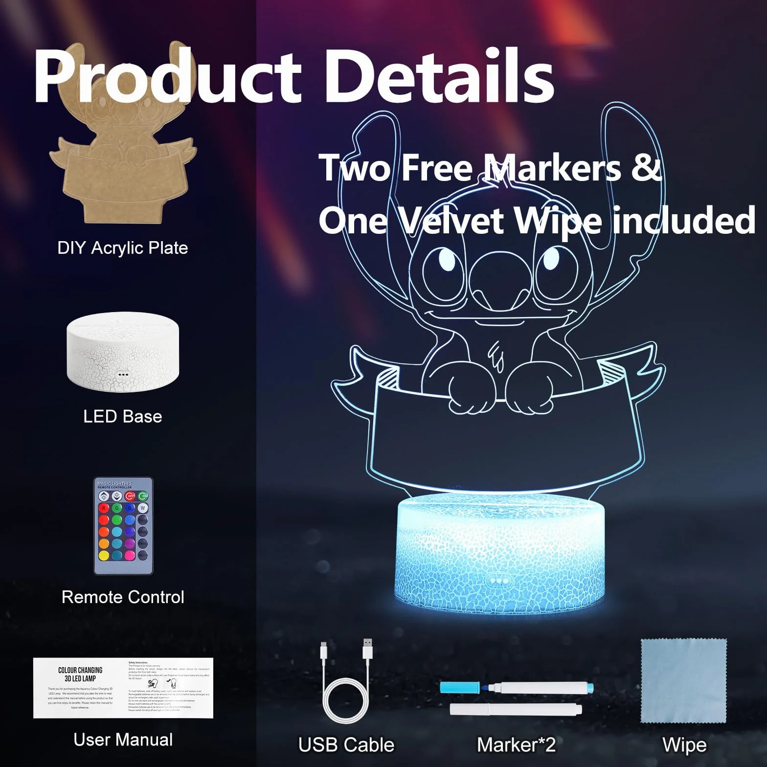 Lampe Stitch 3D LED DIY 16 Couleurs Veilleuse Personnalisable avec 2 Feutres Effaçables Télécommande 4 Modes