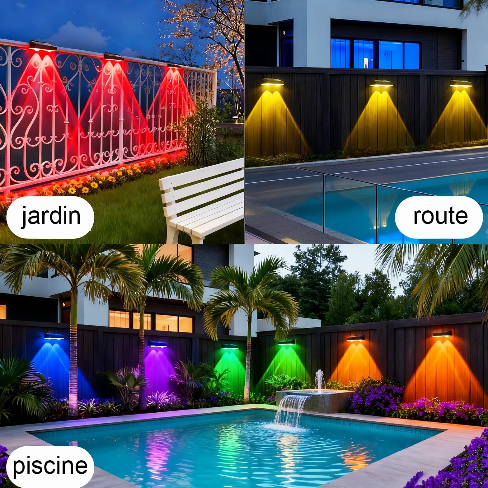 Lampe Solaire Extérieur Jardin Lot de 4, Applique Murale Solaire IP65 Étanche 9 Modes RGB LED