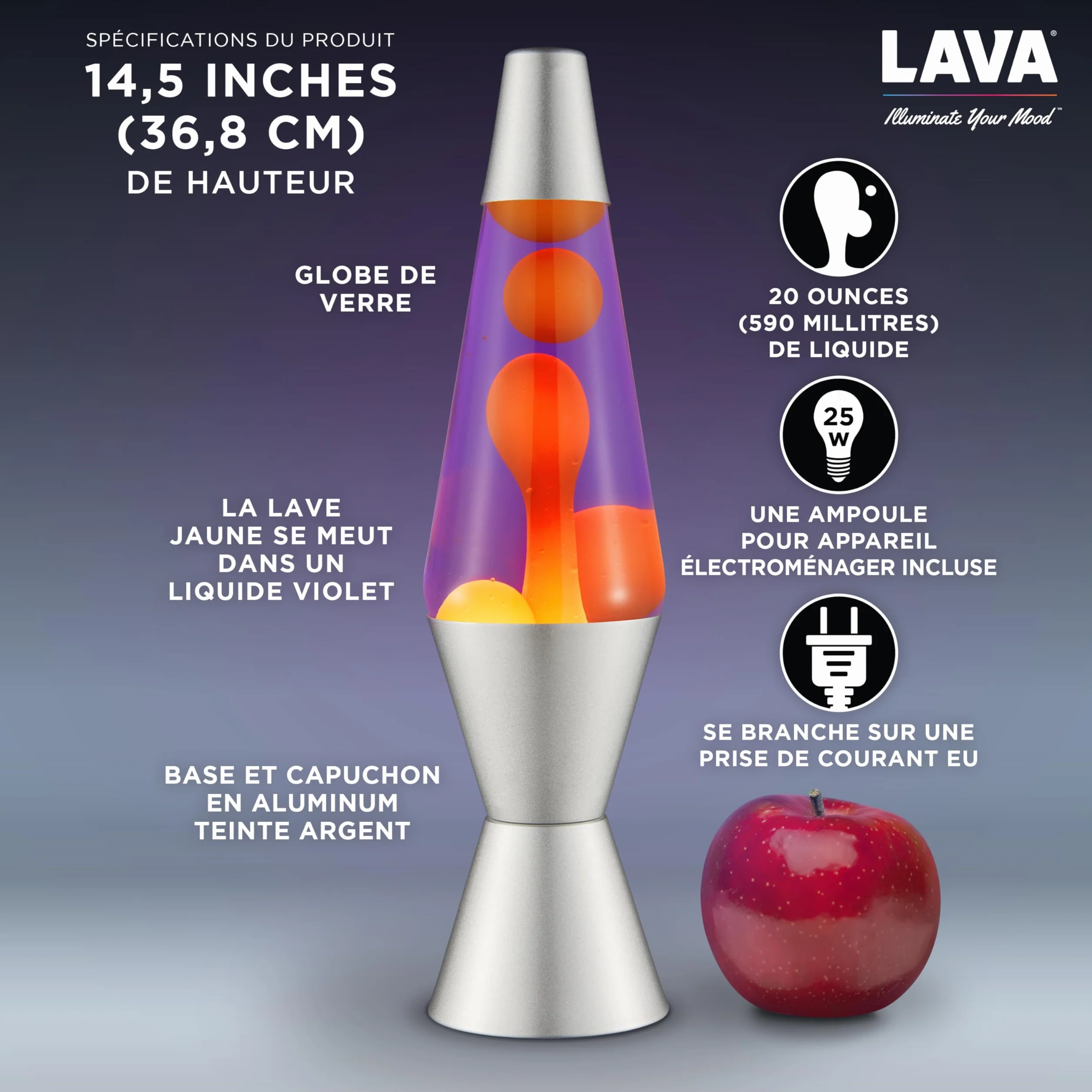 LAVA® Lampe Lava 2125 14,5 pouces cire jaune liquide violet socle argenté