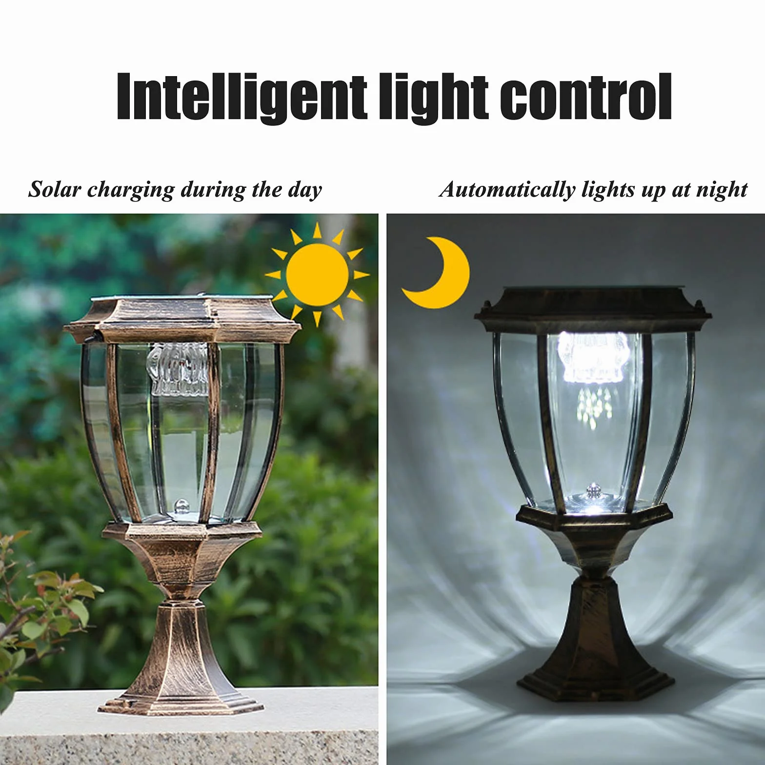 Lampe Solaire LED Extérieur IP65 Étanche Blanche Chaude Lampe Pilier Portail Lanterne Classique Jardin Cour Bronze