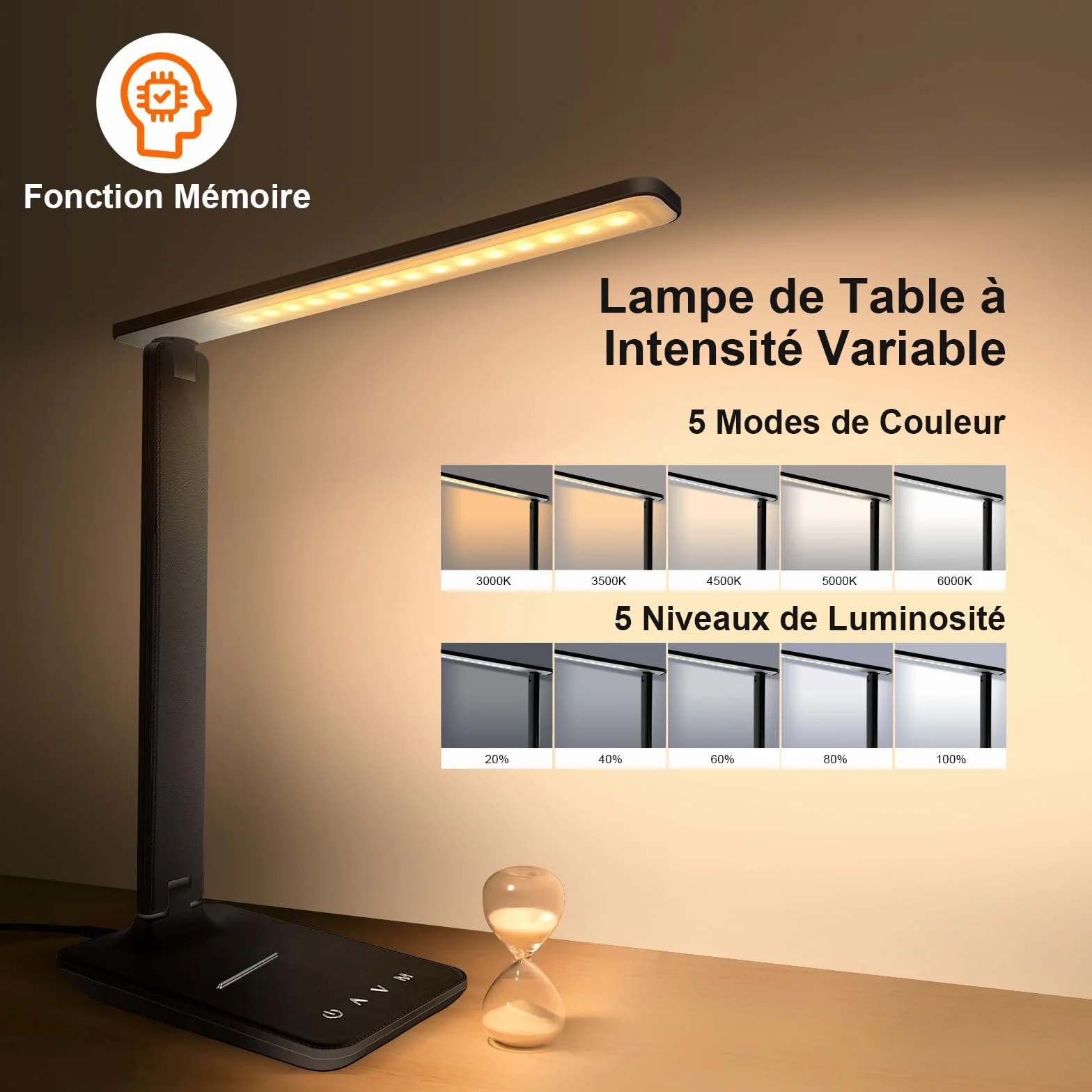 Lampe de Bureau LED Pliable Dimmable 5 Modes de Couleur 5 Niveaux de Luminosité avec Port USB Noir