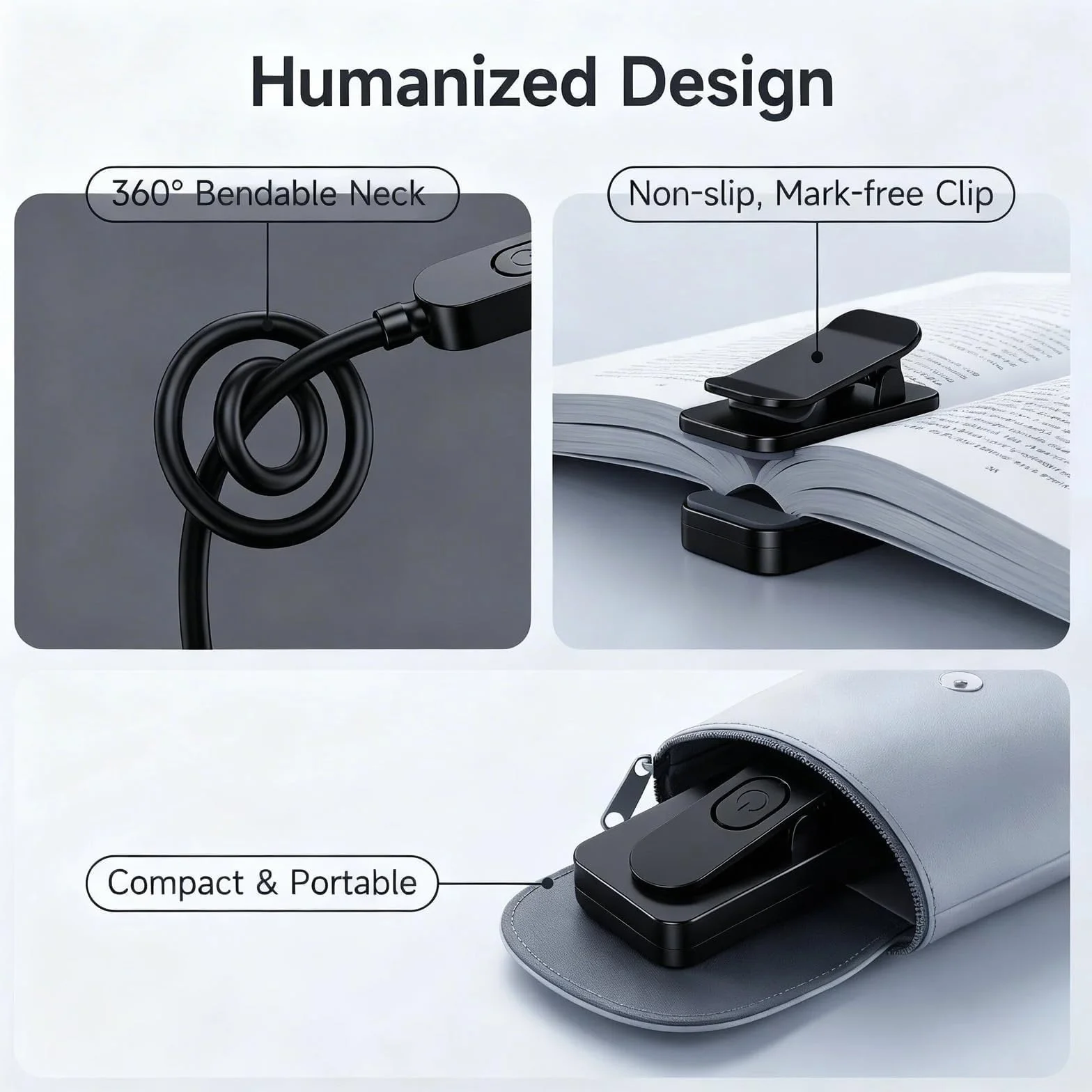 Liseuse à Clip 11 LEDs Lampe de Lecture Flexible 360° 3 Modes de Couleur 3 Niveaux de Luminosité Portable