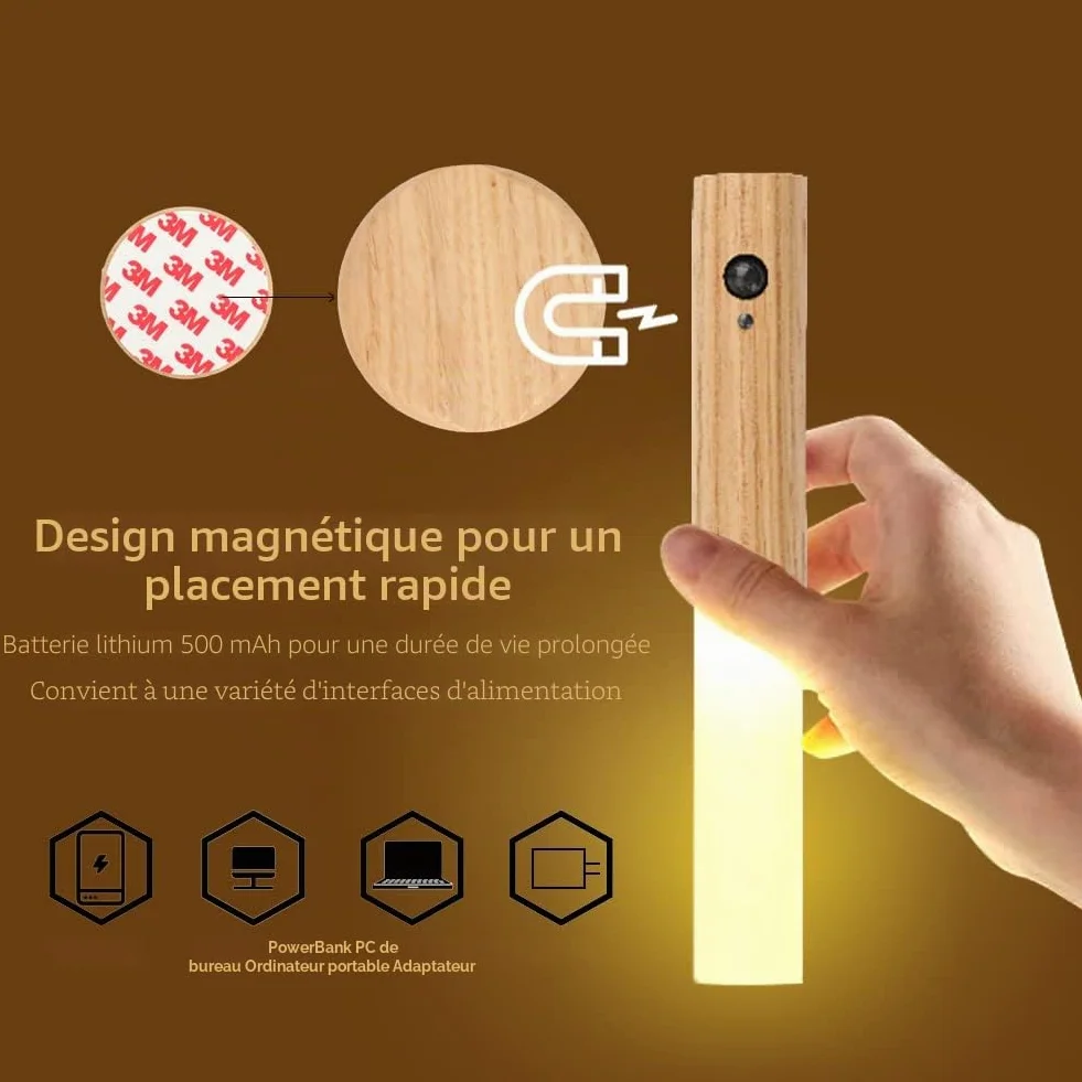 Applique Murale en Bois avec Détecteur de Mouvement, Veilleuse Rechargeable Sans Fil Magnétique pour Chambre, Couloir