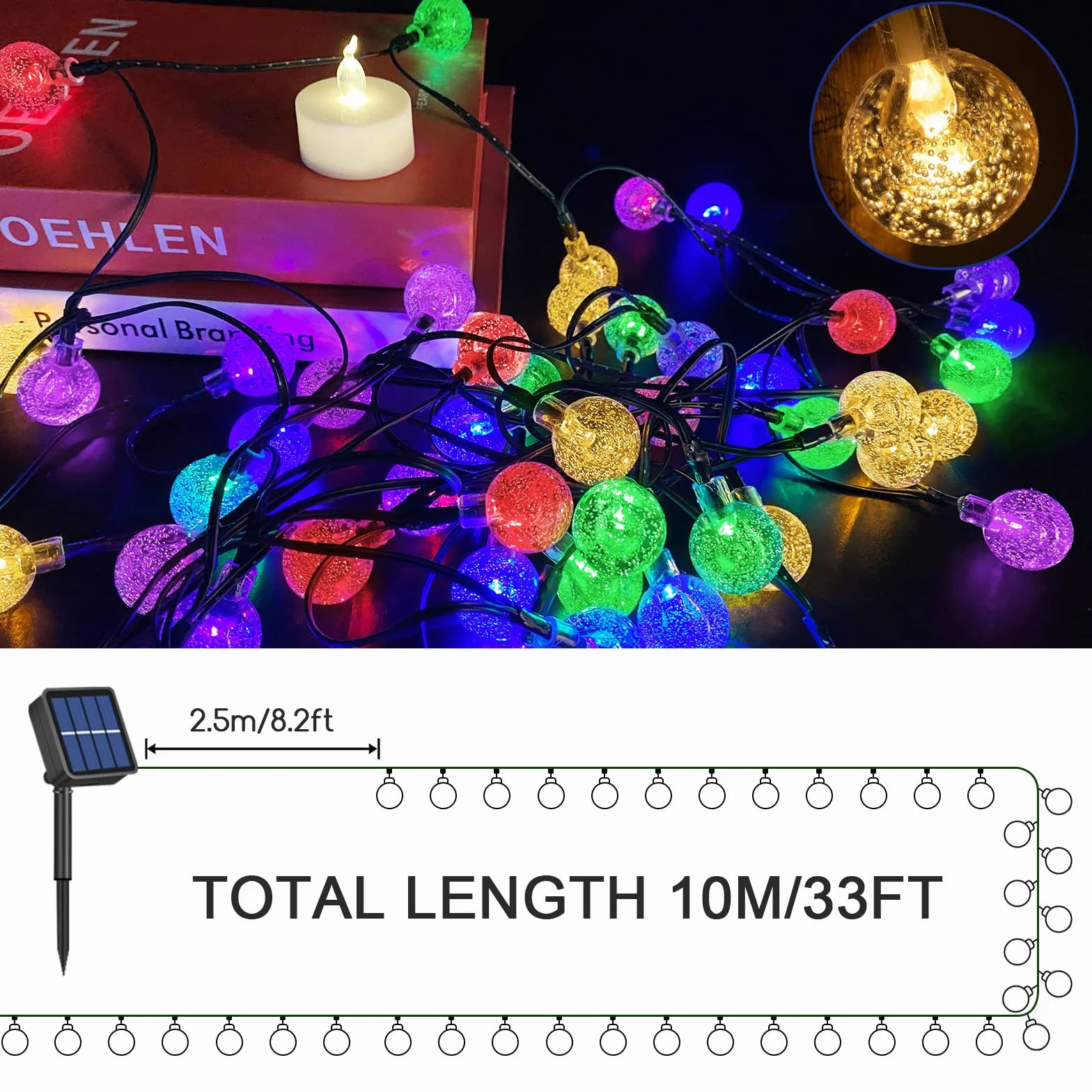 Guirlande lumineuse solaire LED étanche 50 LED 10 m 8 modes d'éclairage extérieur jardin terrasse Noël