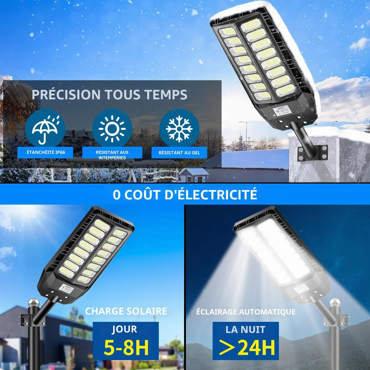 Adewalk 800W lampadaire solaire extérieure IP66 avec télécommande et capteur de mouvement 6500K LED