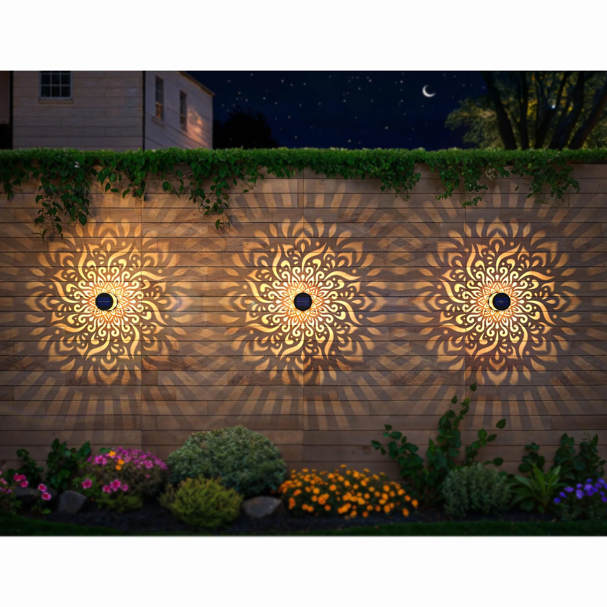 Lampes Solaires de Clôture en Métal Lot de 2, Éclairage Extérieur Mur Terrasse Mandala, Lampe de Poteau Jardin Étanche