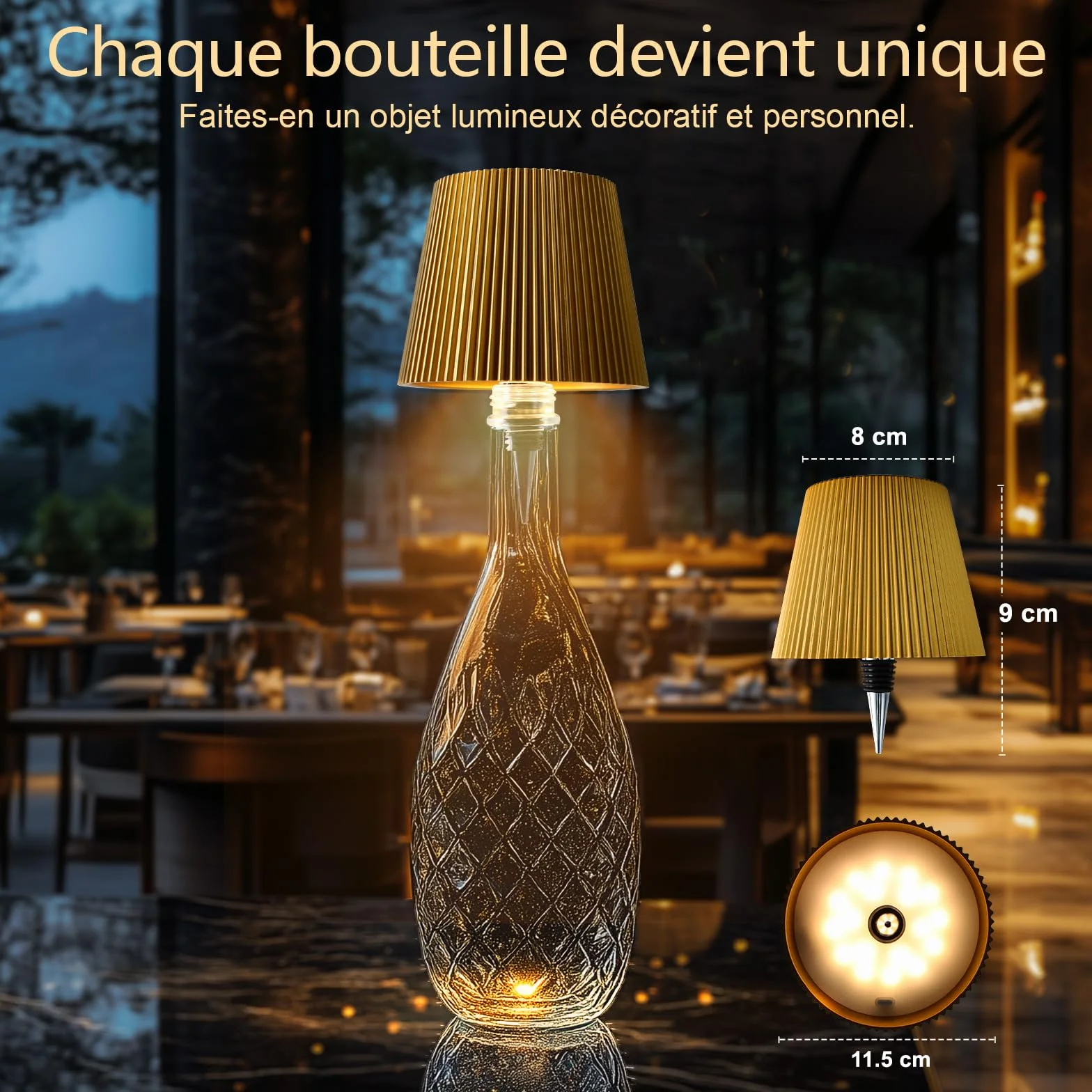 Lampe LED décorative dorée Rechargeable USB-C Sans fil IP54 3 températures réglables pour récipient en verre à goulot standard Table Balcon Terrasse Camping