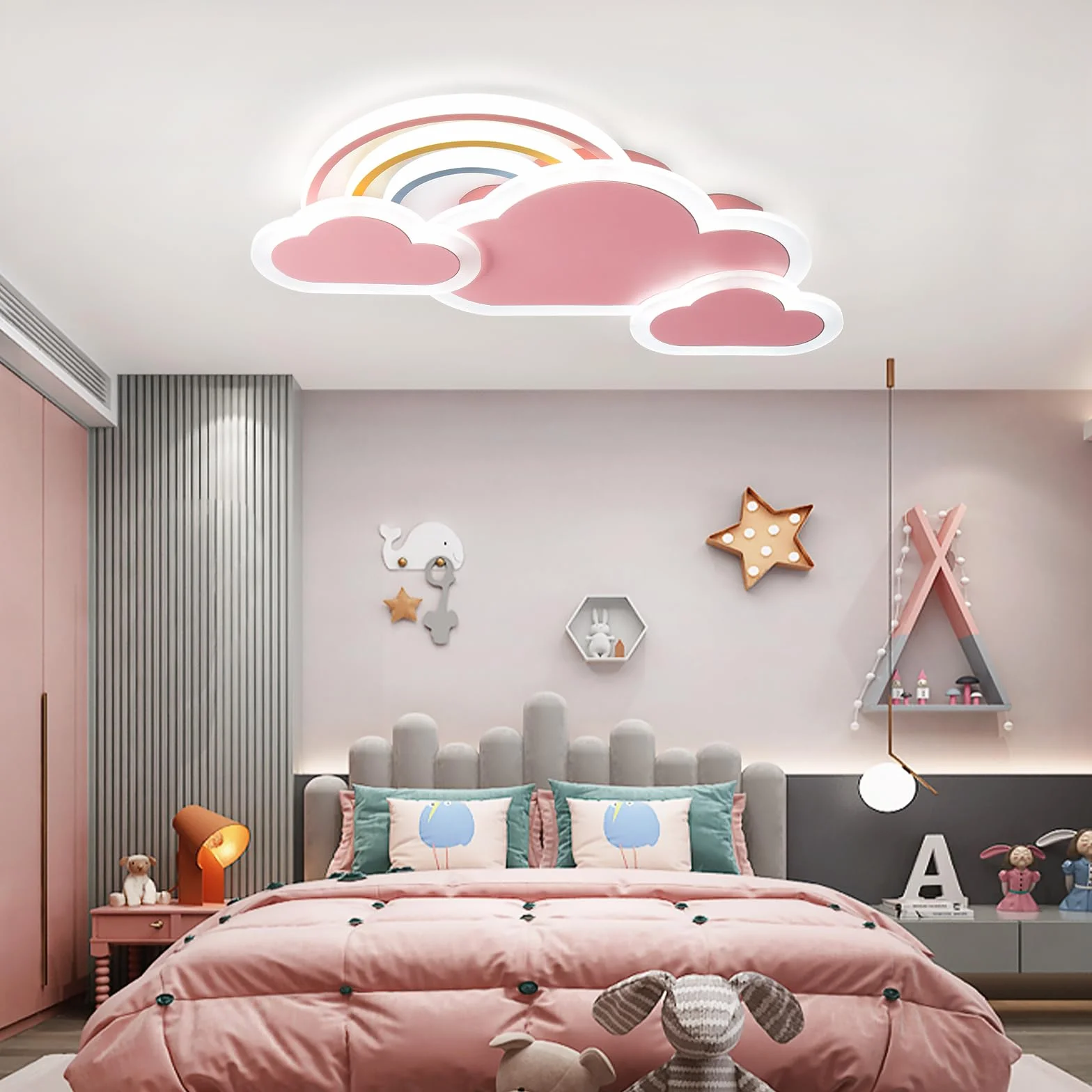 Plafonnier LED Enfant 30W 55cm Nuages Arc-En-Ciel Dimmable Télécommande APP Rose