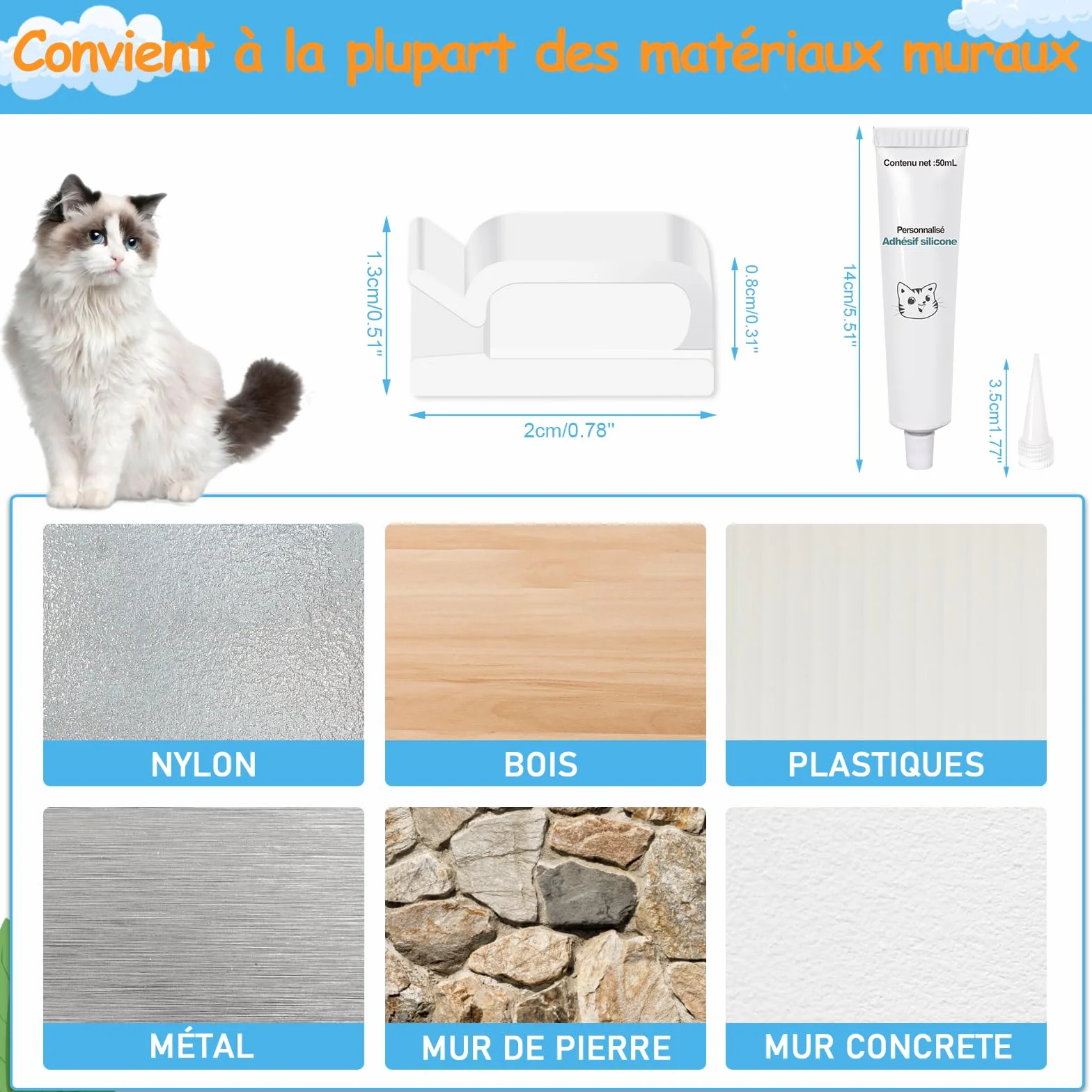 ThomP Crochets adhésifs transparents 50 pièces colle silicone fixation filet chat balcon sans perçage 50 ml